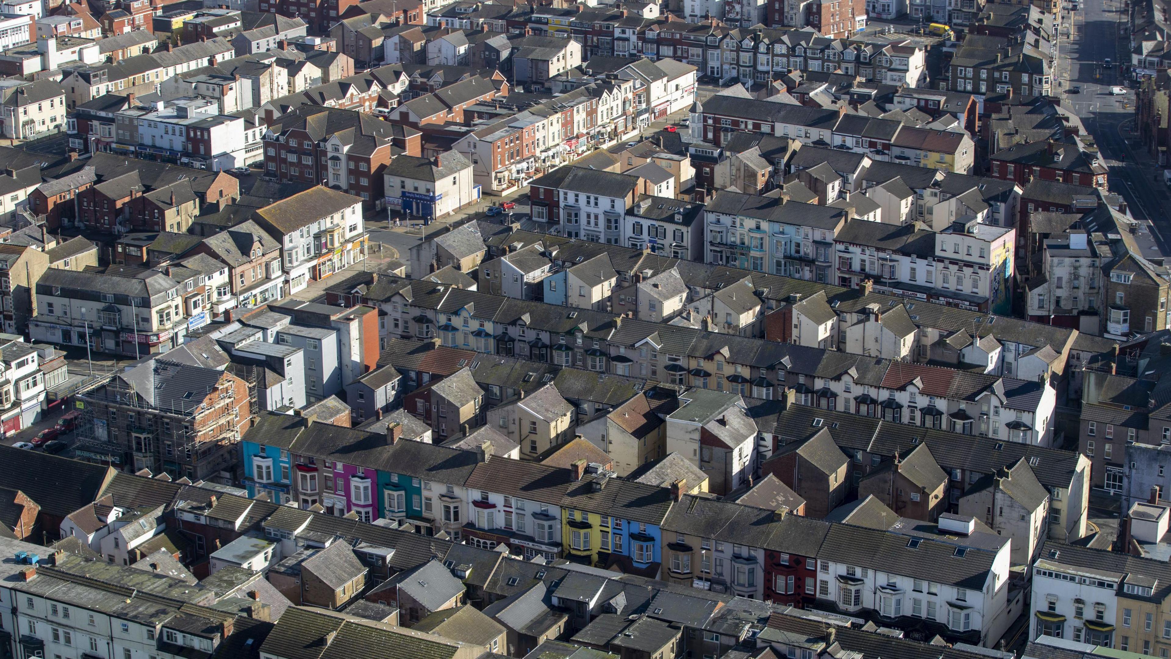 An aerial view of terraced houses in Blackpool 