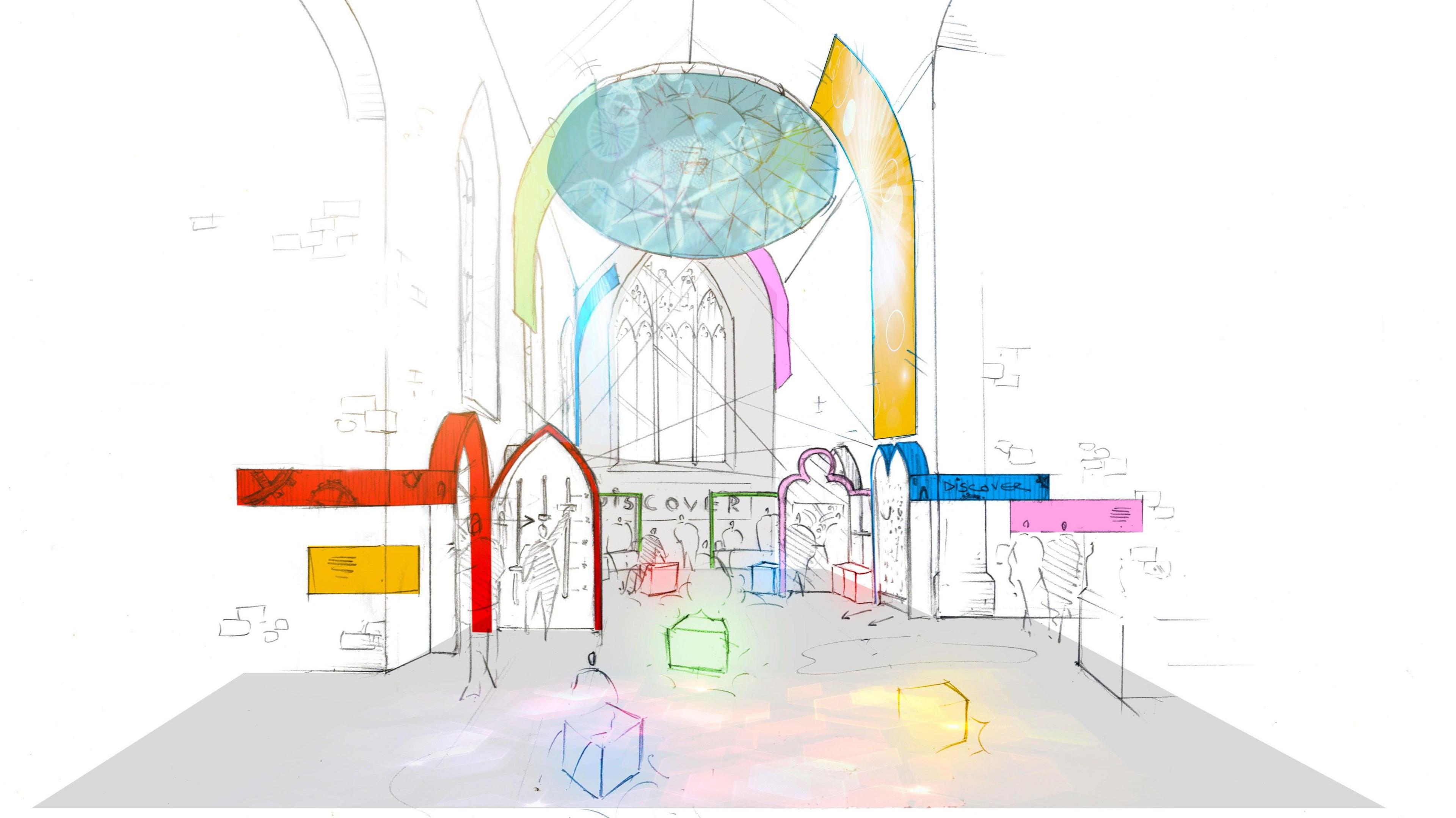 An artist's impression of the new family-friendly attraction, which shows colourful blocks inside a church building, with a large dome suspended from the ceiling. 