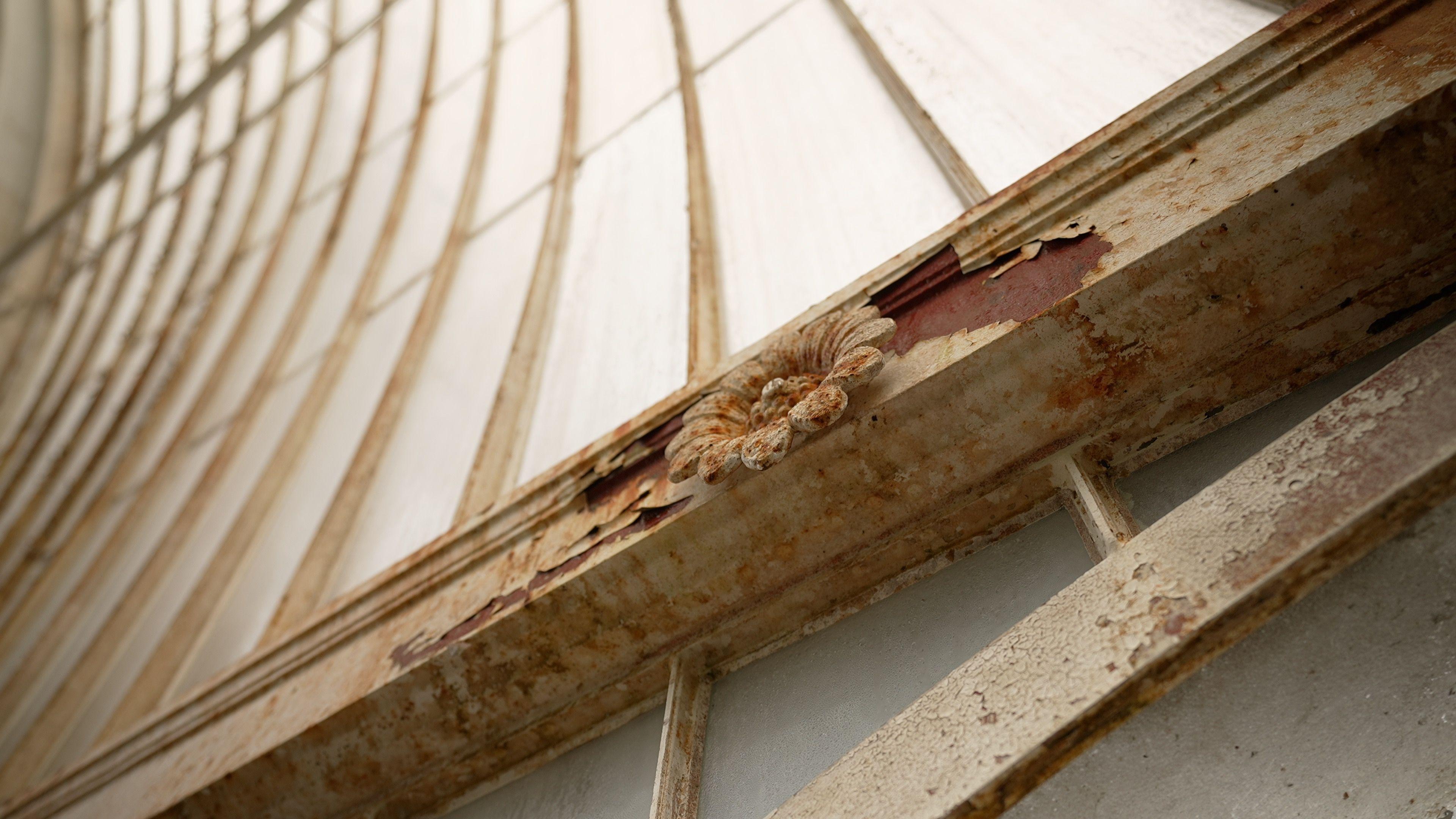 Inside of the Palm House, a huge glass and iron structure. A close up of the iron frame, with an ornate floral detail, and glass windows. The iron is painted white but has become orange with rust.