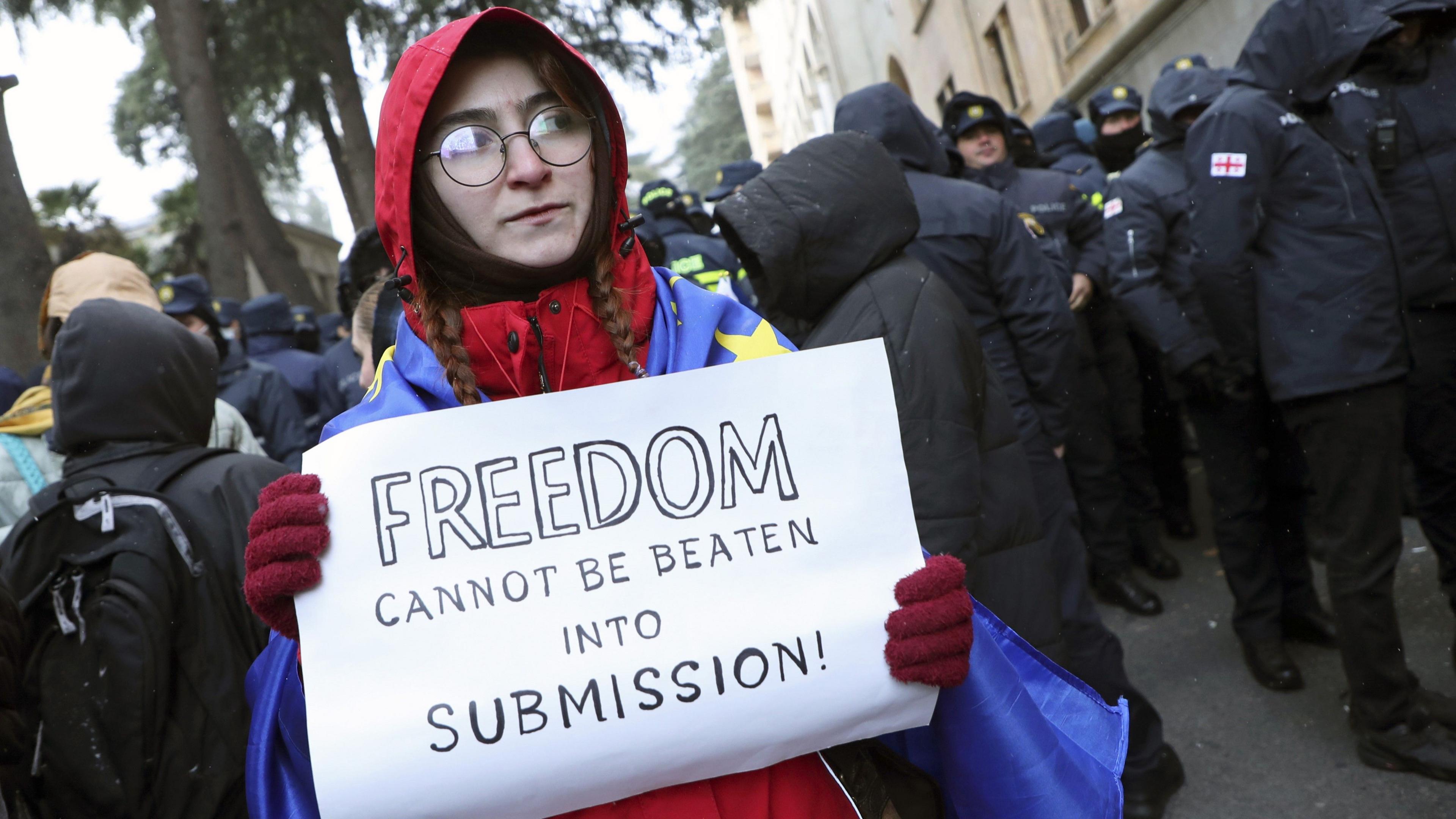 A protester wearing a jacket with the hood up and gloves carries a sign that reads "Freedom cannot be beaten into submission" outside Georgia's parliament on 14 December