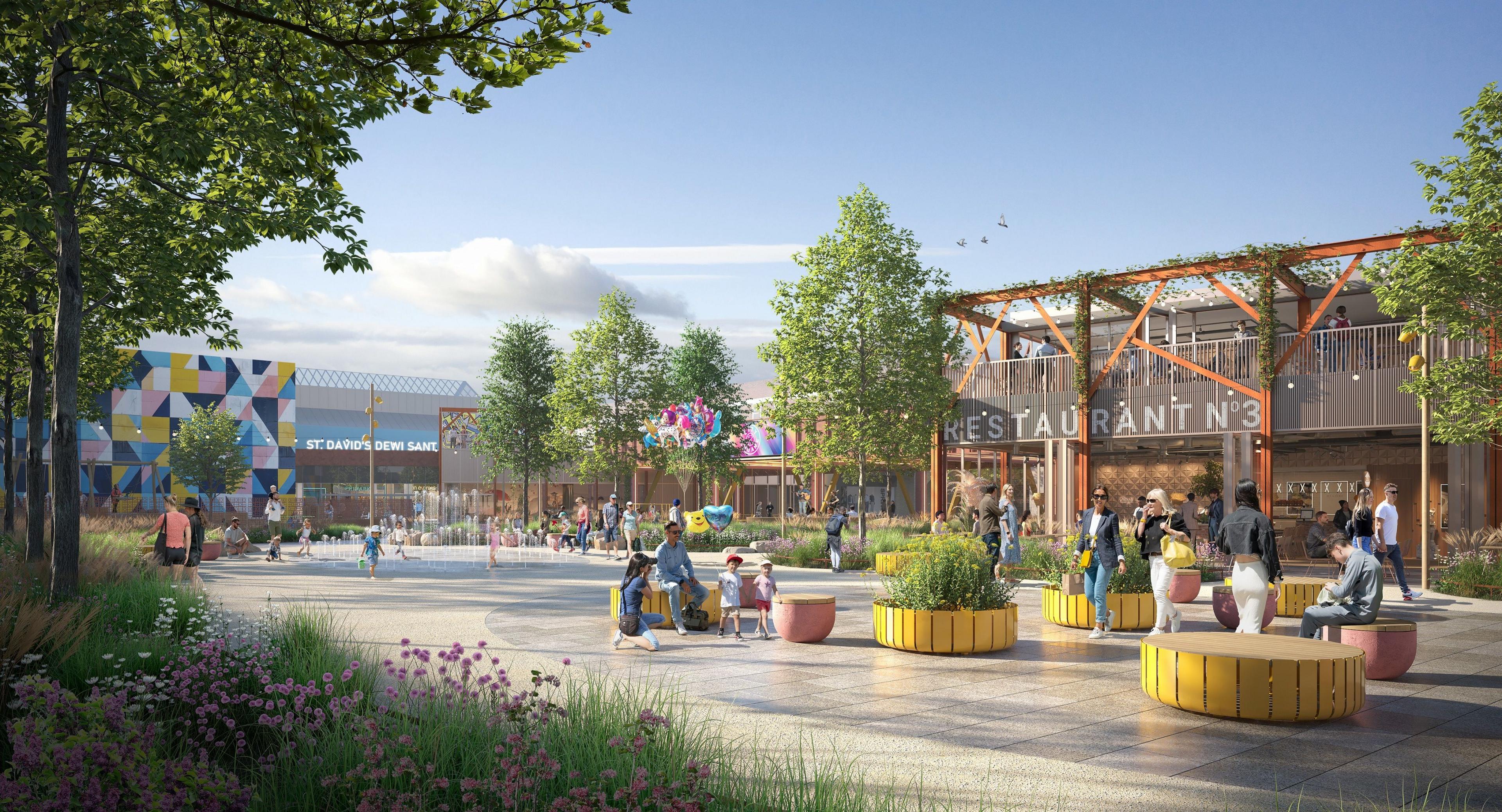 An artist's impression of a new inner city park in a former department store at St David's shopping centre, with open spaces, trees, sitting areas and a restaurant