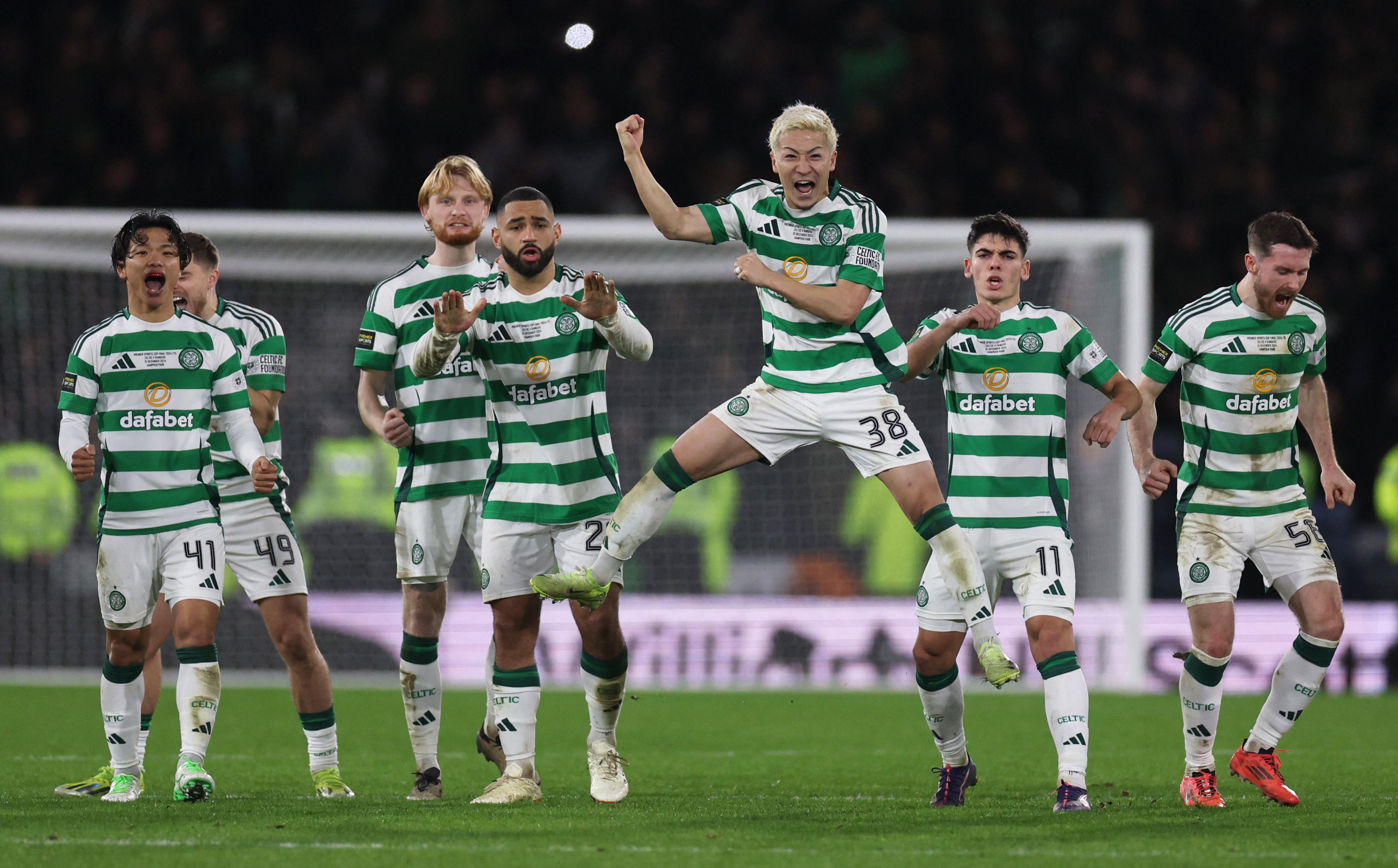 Celtic's Daizen Maeda react with teammates during the penalty shoot-out