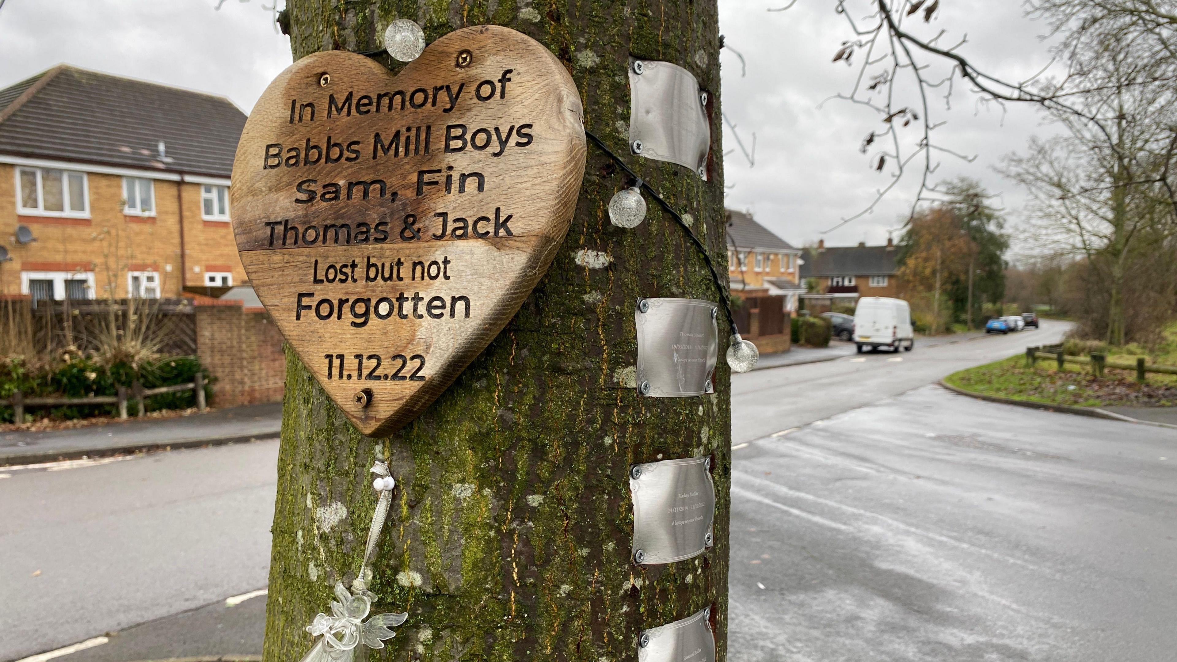 Tributes to four boys near Babbs Mill in Kingshurst, Solihull 