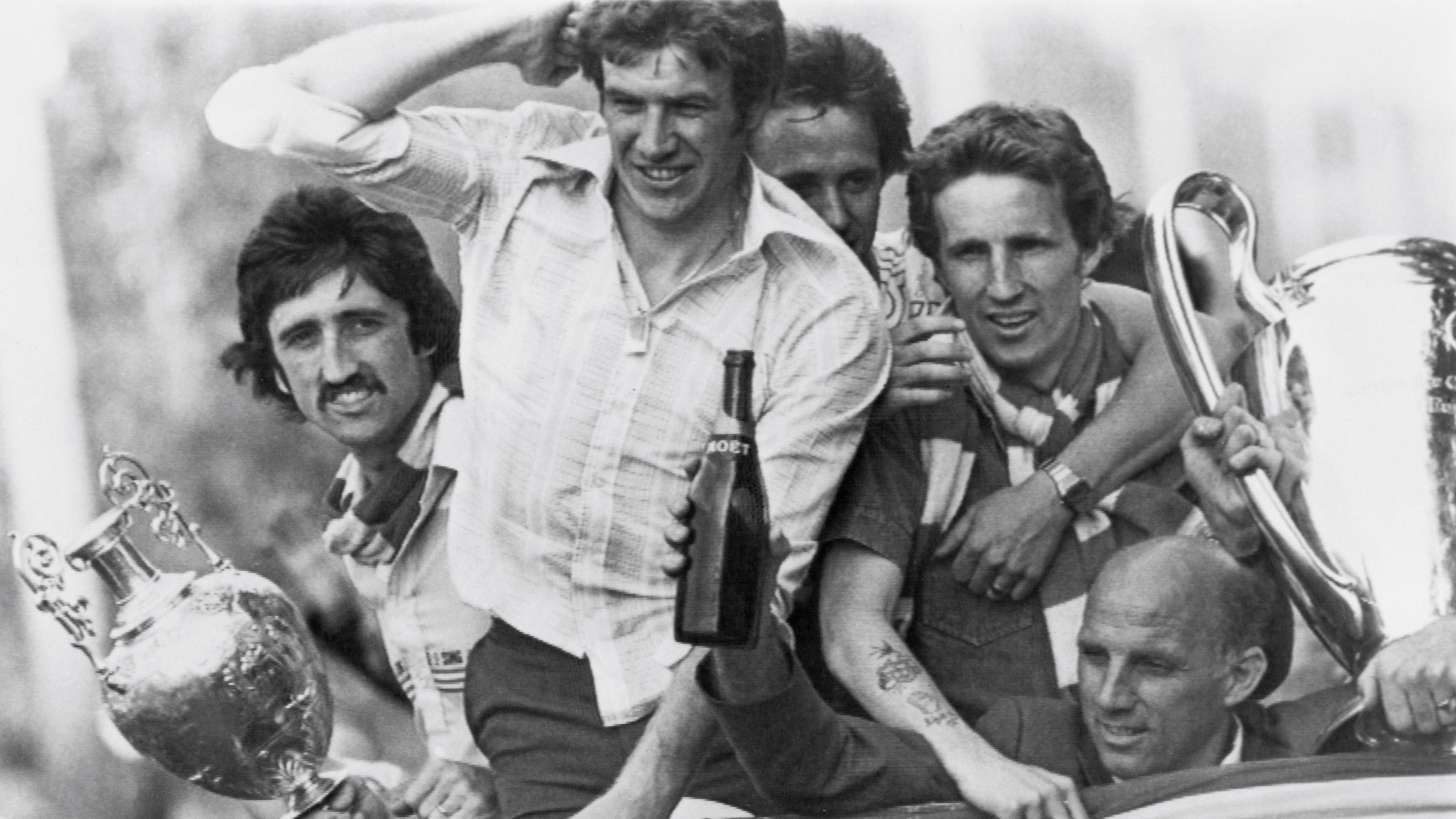 David Johnson, Emlyn Hughes, Phil Neal, Joey Jones and Ronnie Moran with on Liverpool's trophy parade with the European Cup in 1977