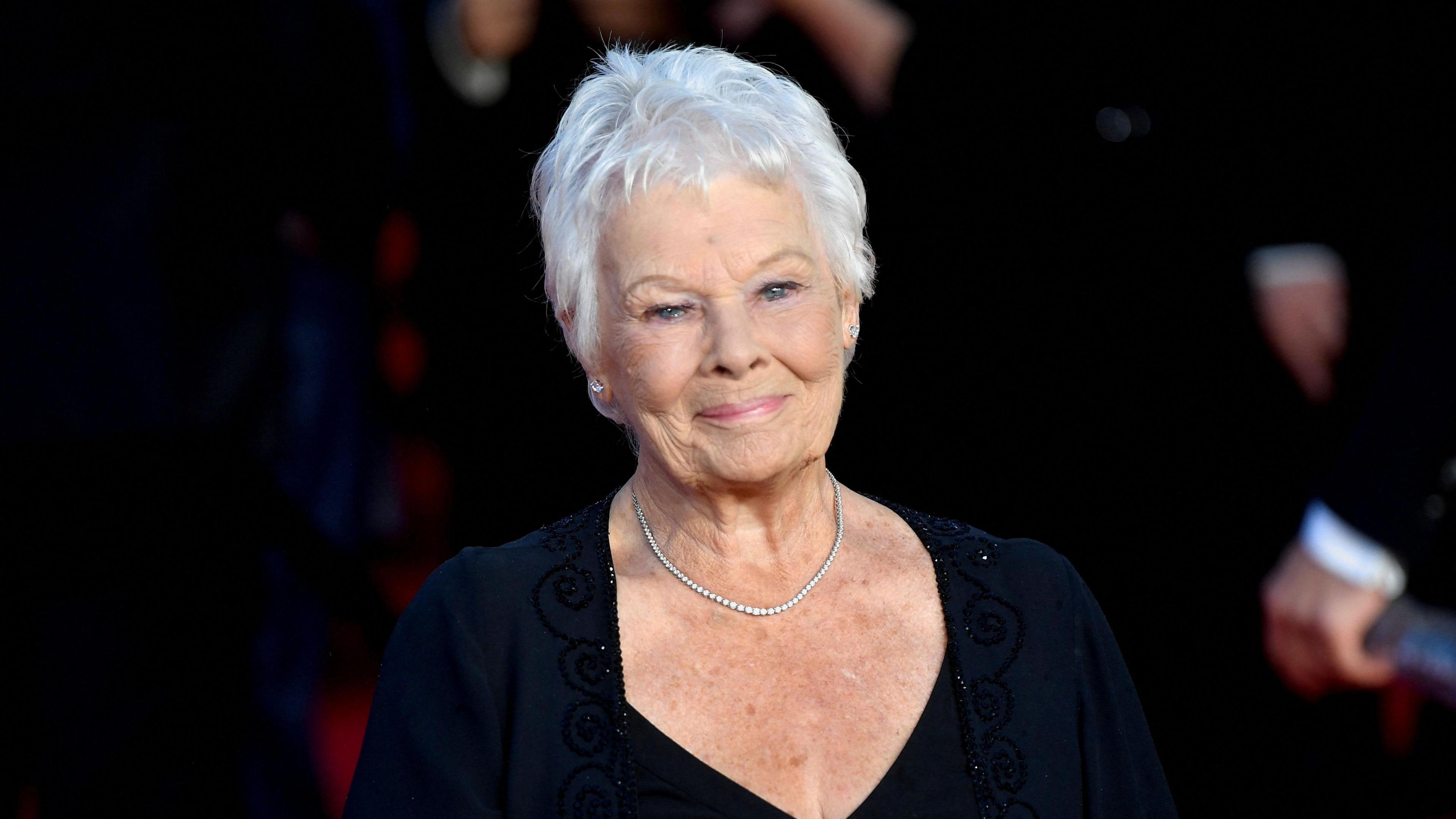 Dame Judi Dench on the red carpet dressed in a black top, wearing a diamond neckless