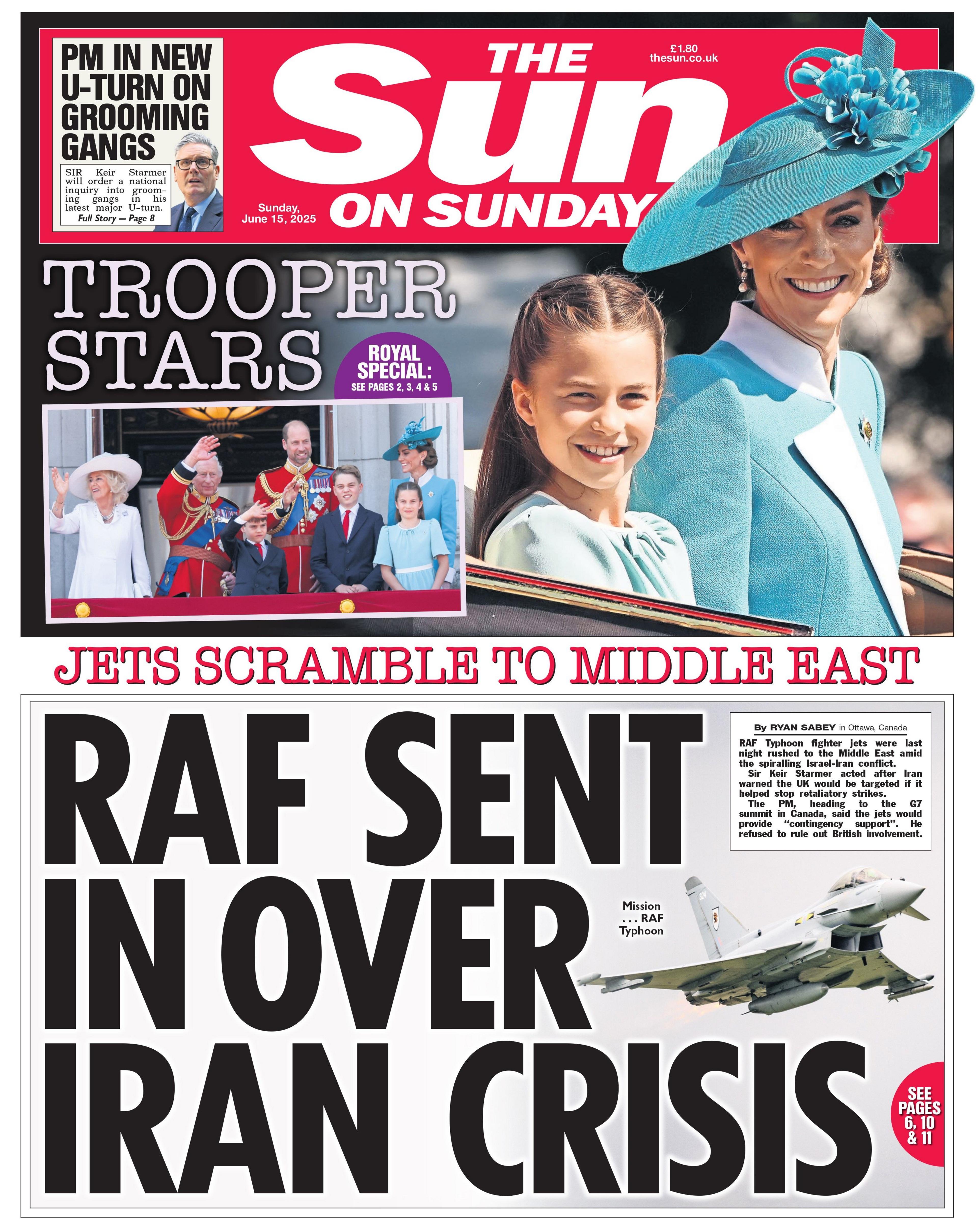 The front page of the Sun on Sunday. Princess Catherine and Princess Charlotte in teal dresses features, with a smaller image of the Royal Family on the balcony of Buckingham Palace. Below it, an image of an RAF typhoon jet flying.