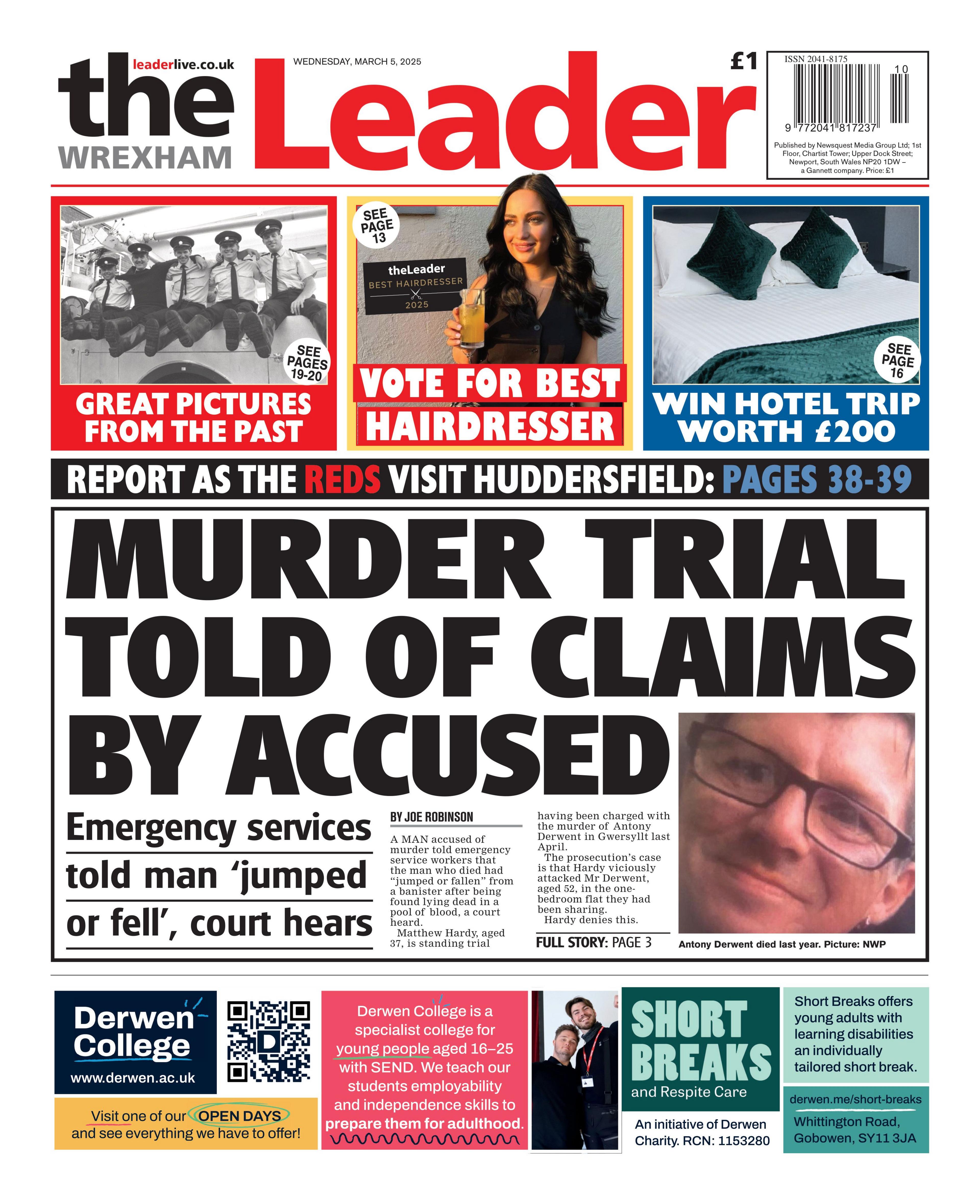  Wrexham Leader newspaper front page shows main headline next to a photo of a man: Murder trial told of claims by accused; Emergency services told man 'jumped or fell', court hears. Other headline: Report as the reds visit Huddersfield.