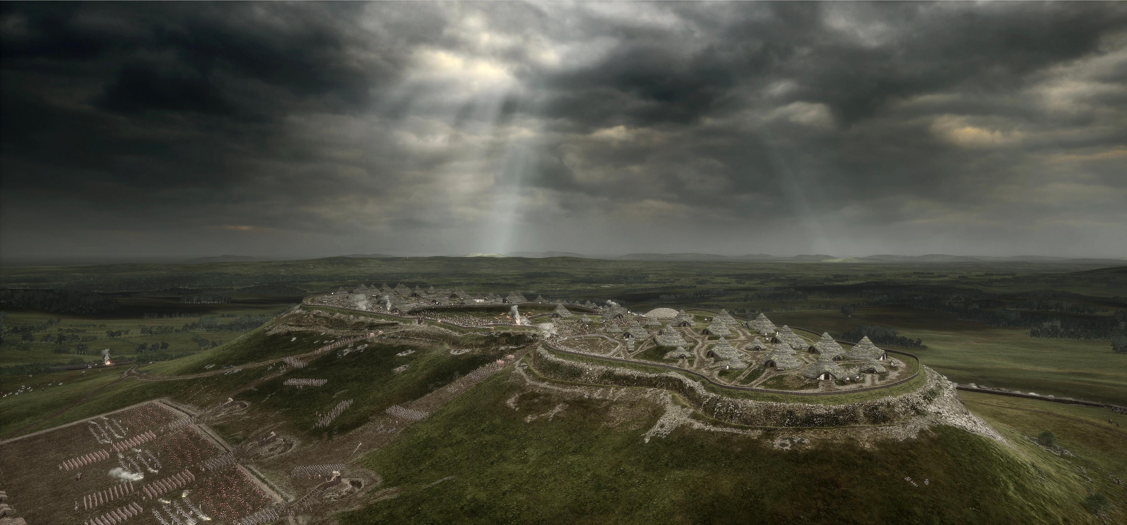 A digitalised image of a hill fort with round houses and defence walls with formations of Roman soldiers on the lower slopes