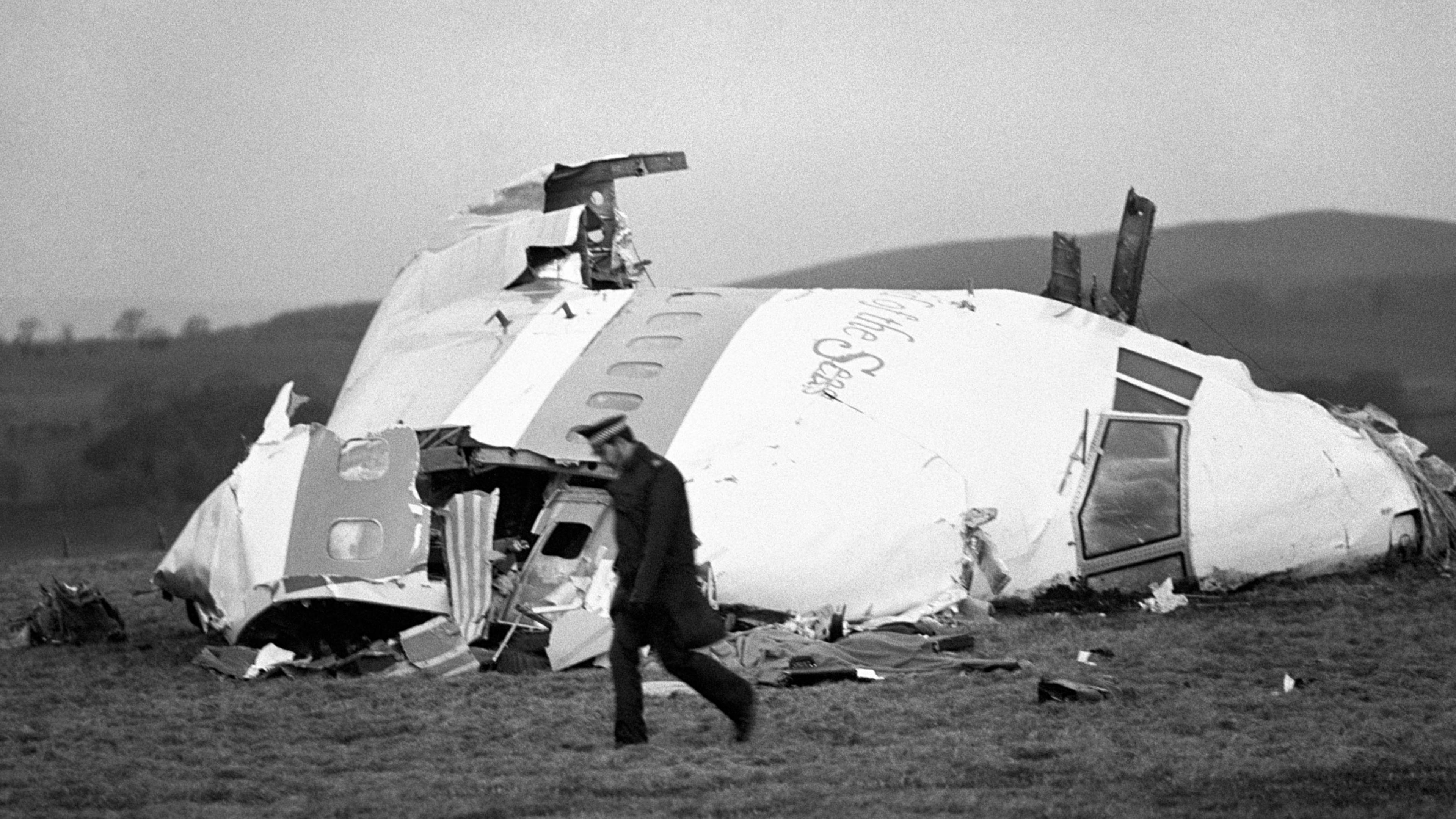 The wrecked nose section of Pan Am flight 103 in a field at Lockerbie, December 22nd 1988, after the plane was blown apart by a terrorist bomb