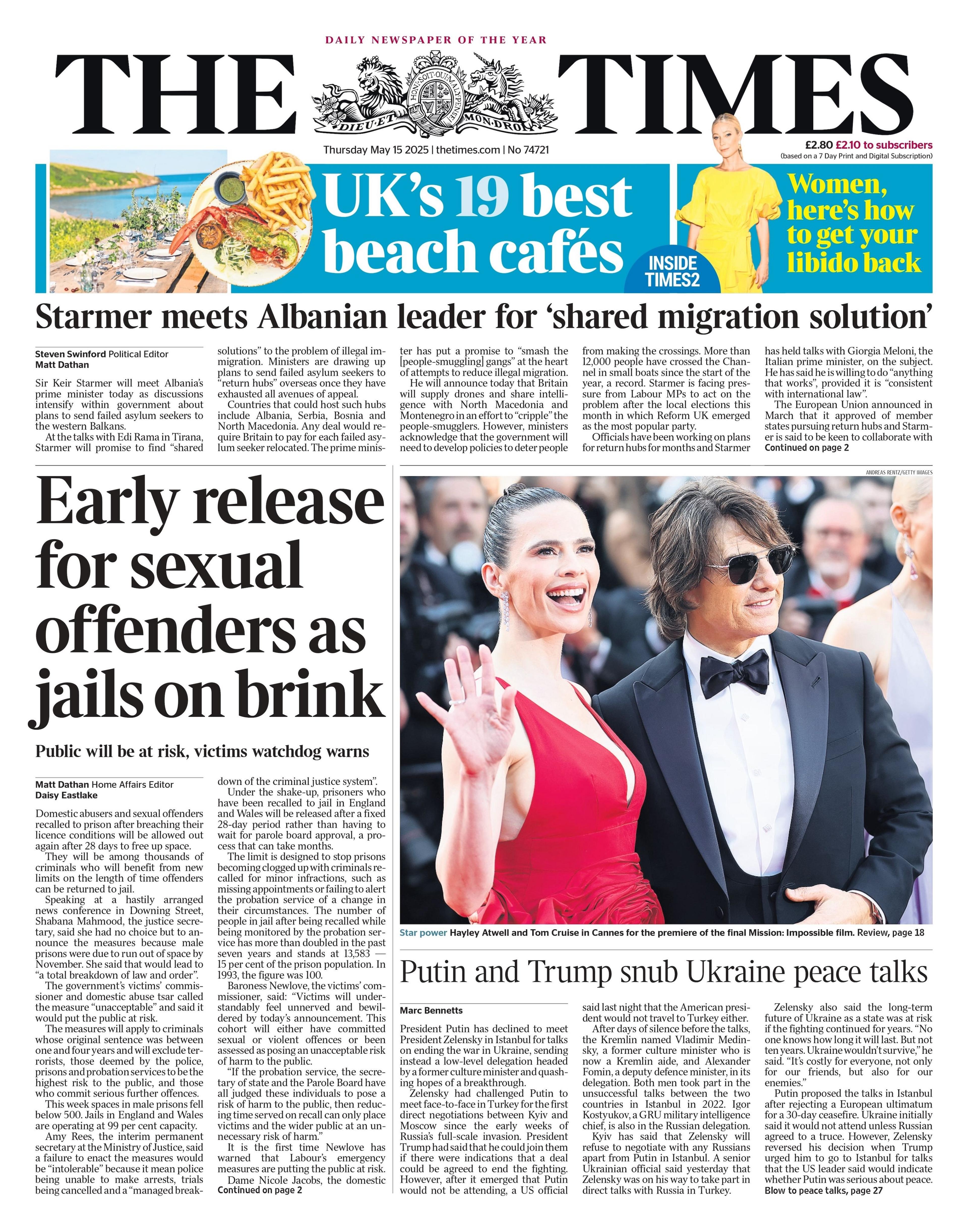 The headline on the front page of The Times reads: "Early release for sexual offenders as jails on brink".