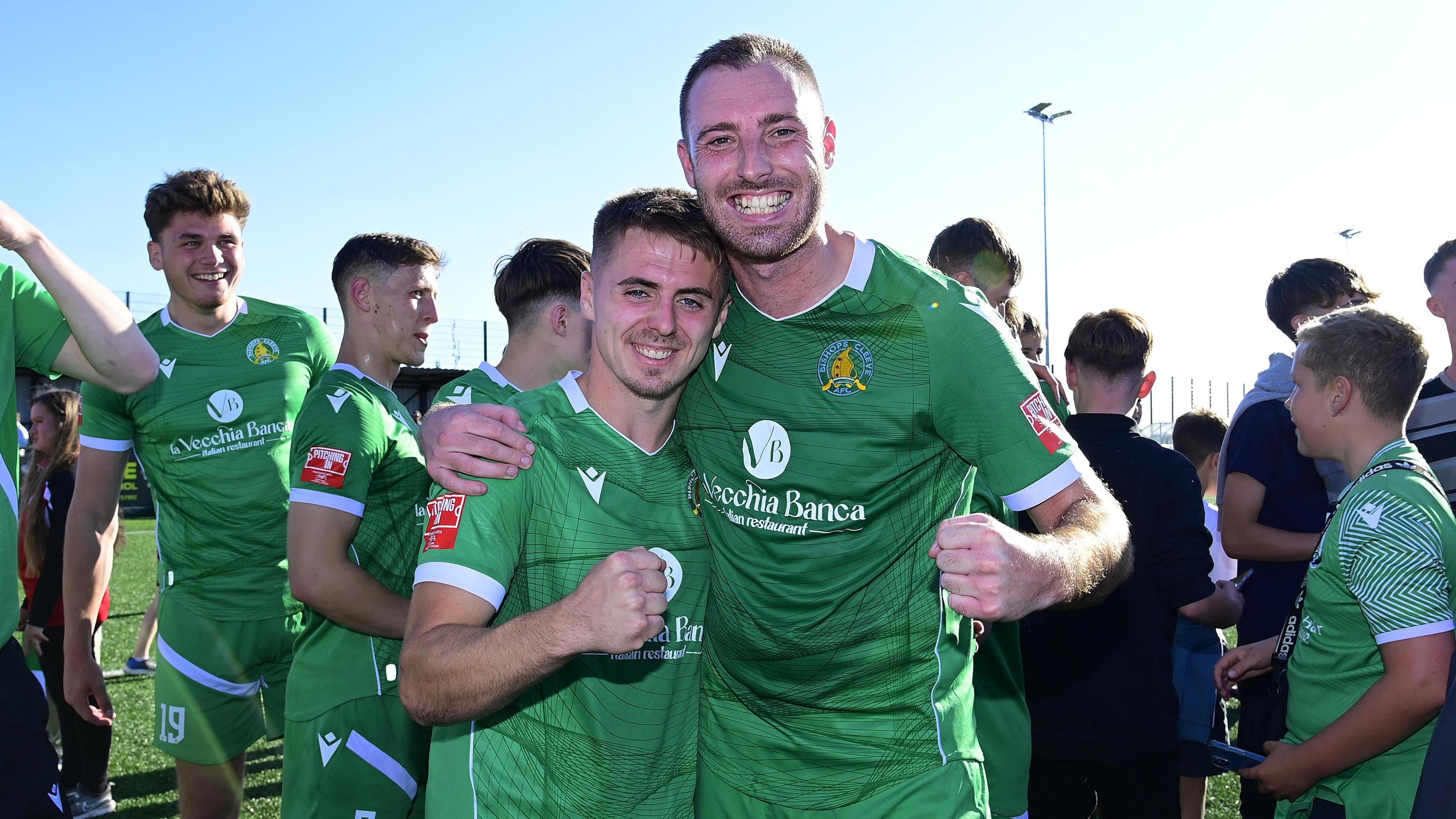 Bishops Cleeve players Ethan Dunbar and Ross Langworthy celebrate FA Cup victory over Torquay United.