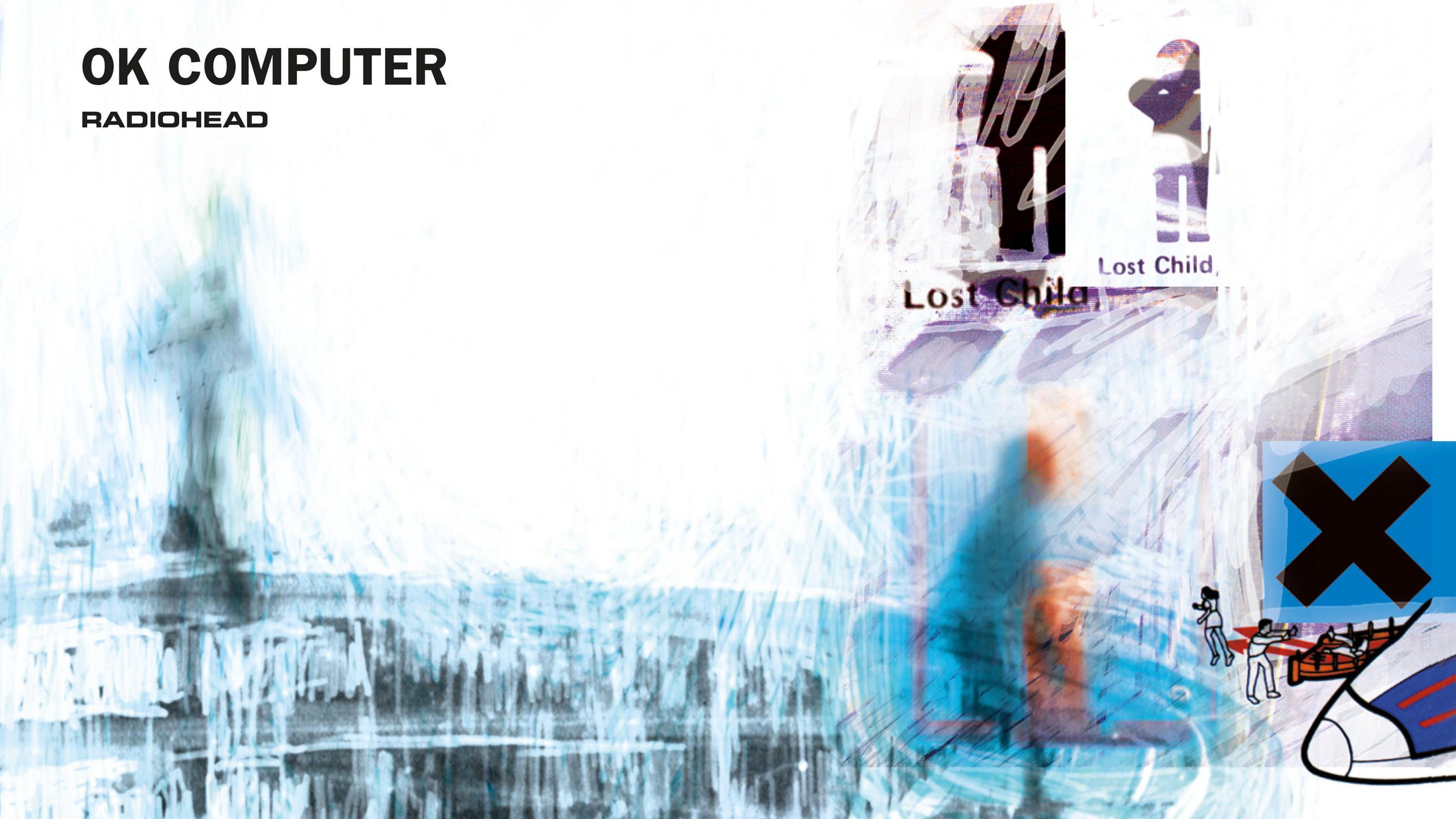 The album cover for OK Computer is predominantly white with a collage of patterns and shapes in blue and other colours. One blurry form suggests a person while another section is apparently an excerpt from an aircraft safety manual. The words 'lost child' can be seen in the top right corner.