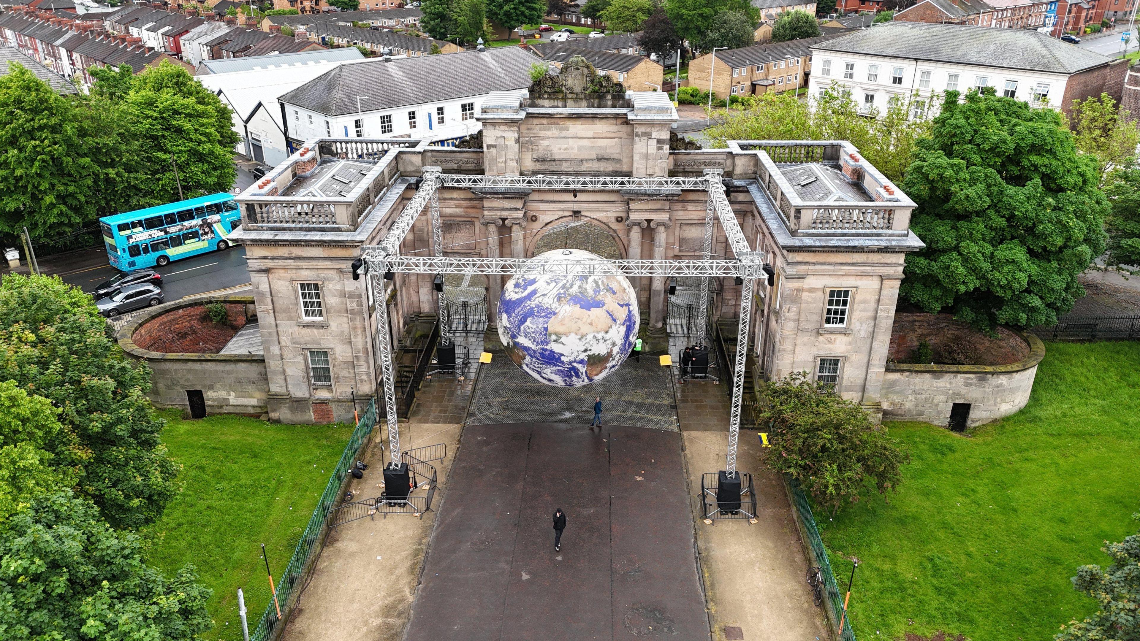 Drone shot of the globe from the air