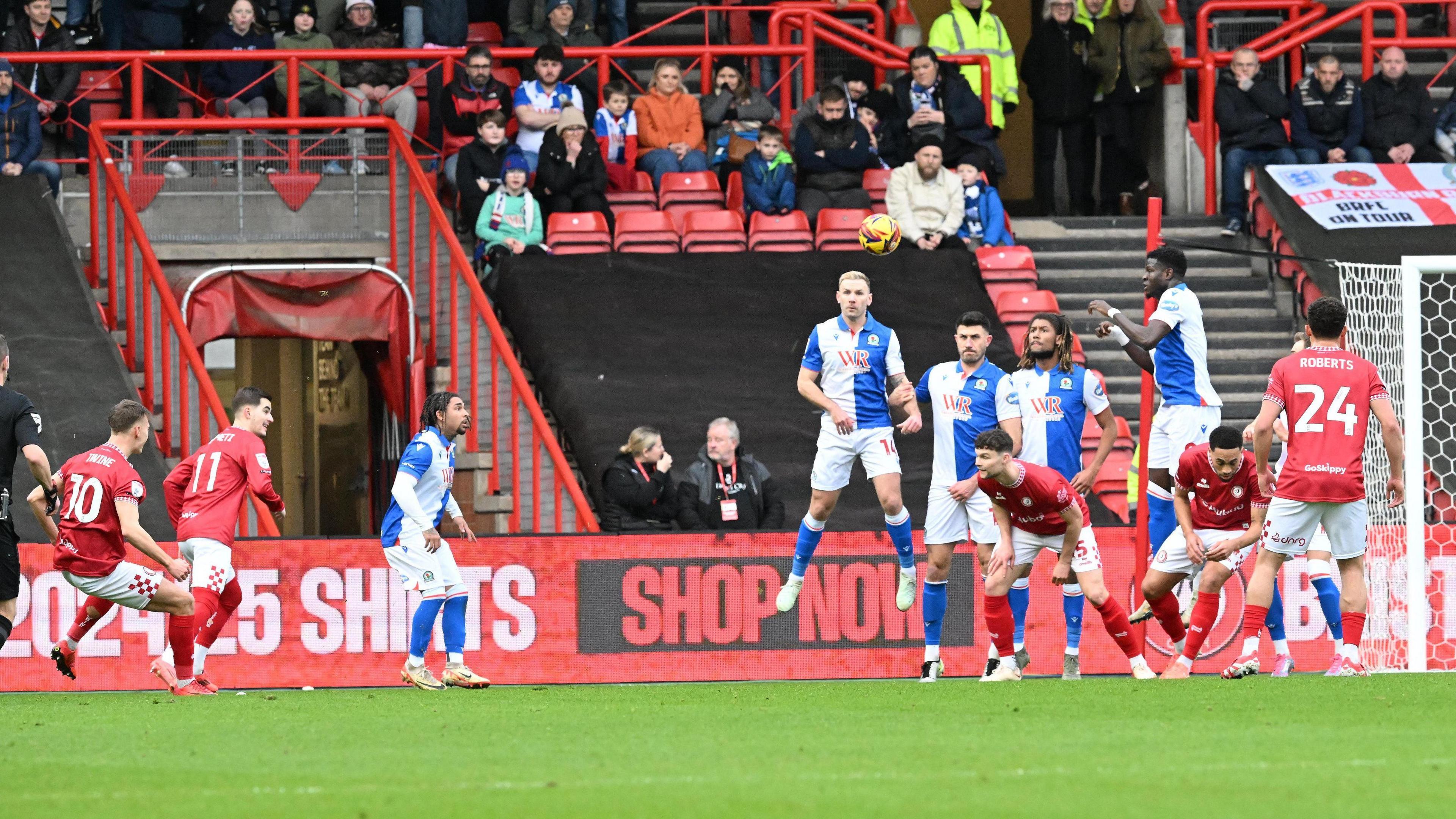 Scott Twine (far left) takes a free-kick and scores for Bristol City against Blackburn