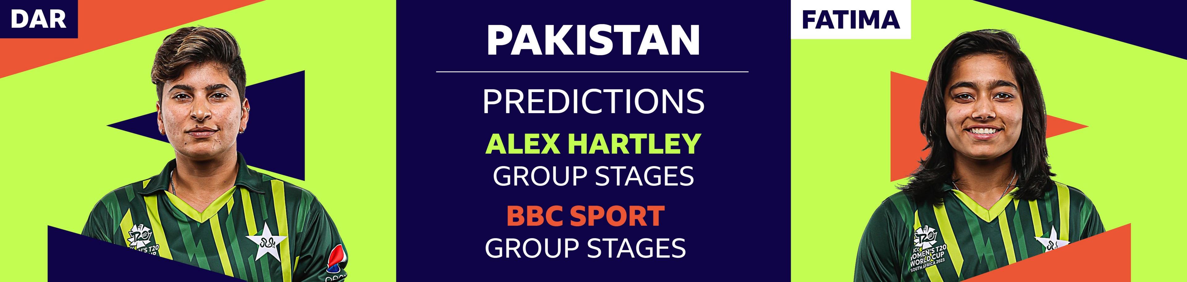 A banner image showing Alex Hartley has picked Nida Dar and Fatima Sana as her two Pakistan players to watch at the Women's T20 World Cup 2023. Hartley has predicted Pakistan will be eliminated in the group stages, as does BBC Sport cricket writer Ffion Wynne