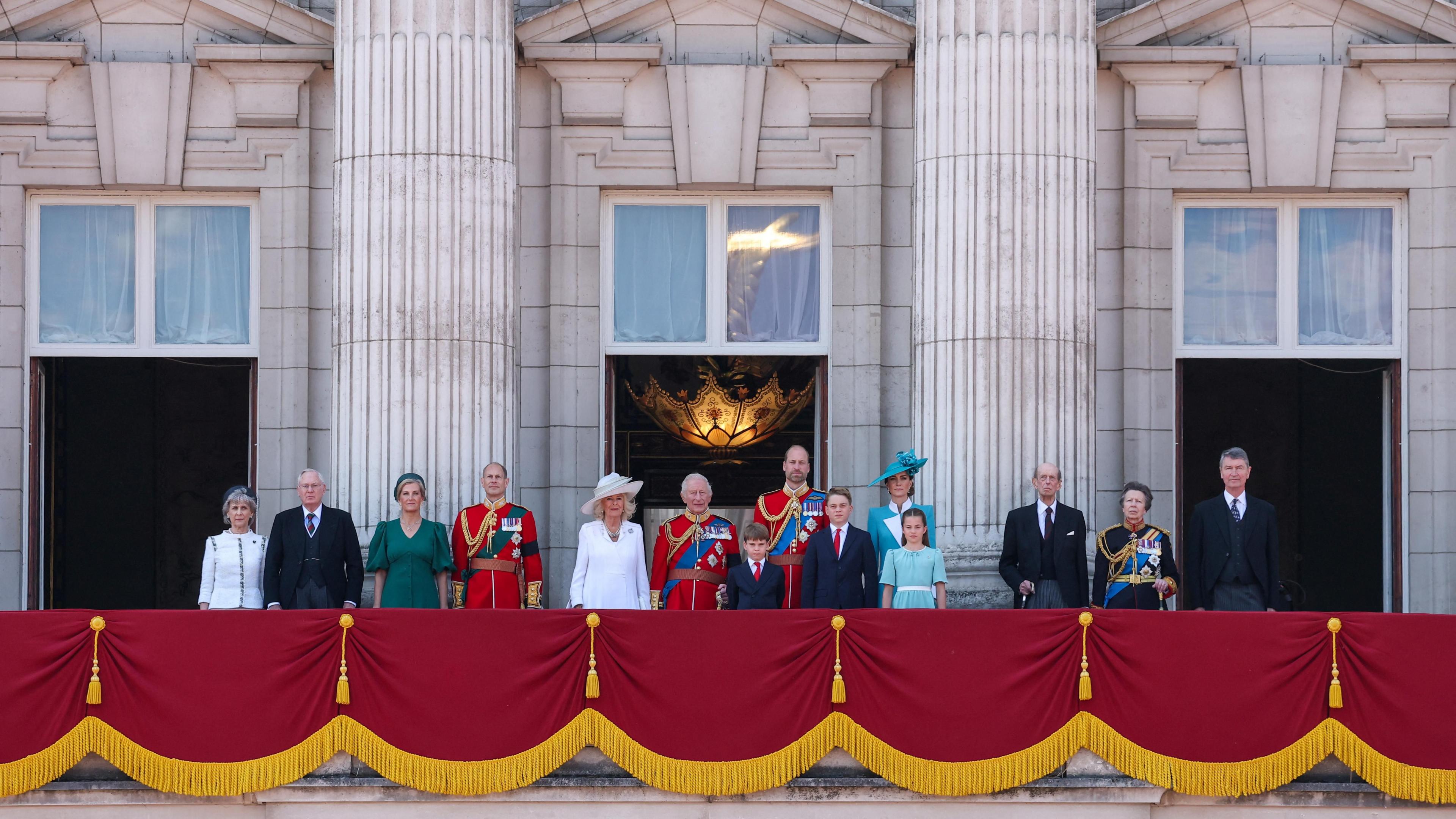 The Royal Family stand on the Buckingham Palace balcony