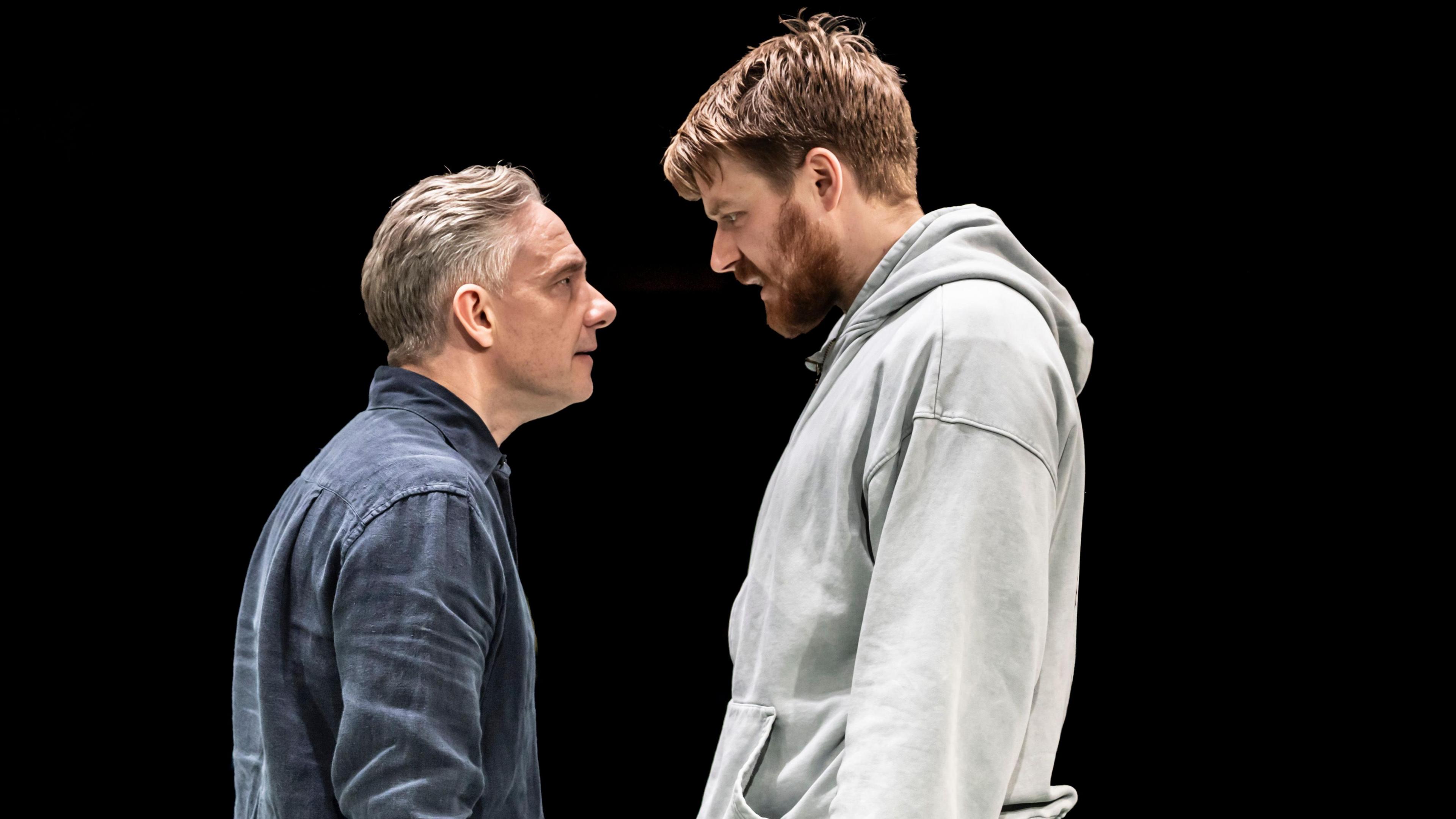 Martin Freeman and Jack Lowden face off on stage during The Fifth Step.