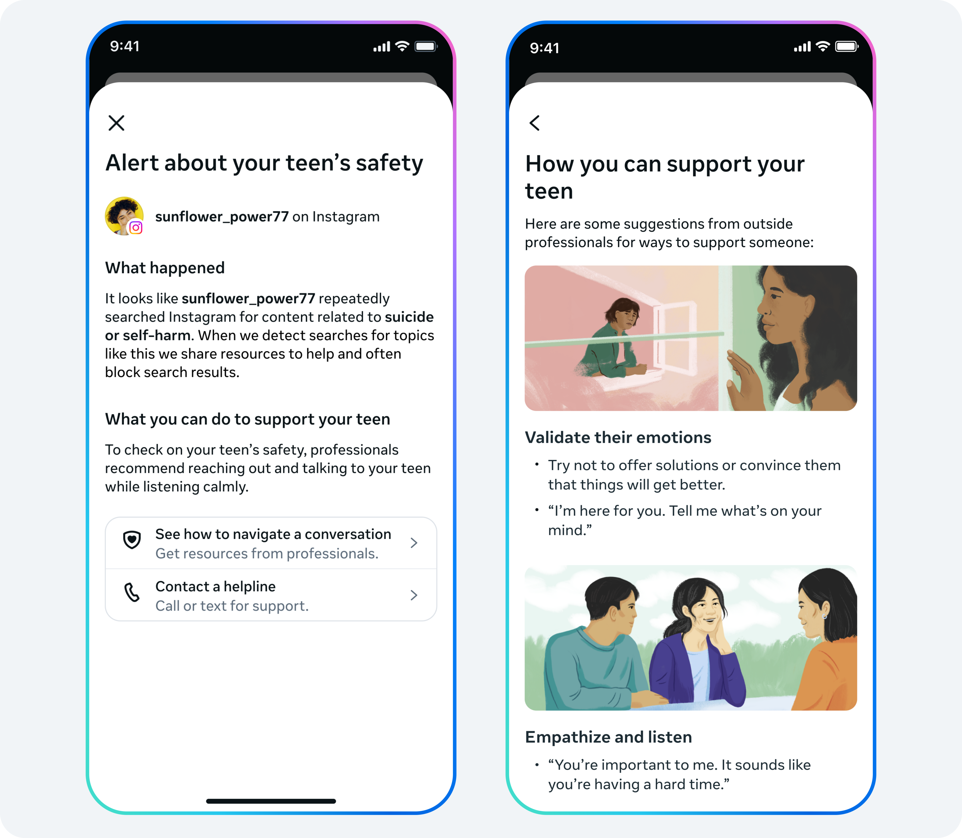 Two screenshots of how the alerts will look in the Instagram app. The first has the title "alert about your teen's safety" and the second is titled "how you can support your teen".