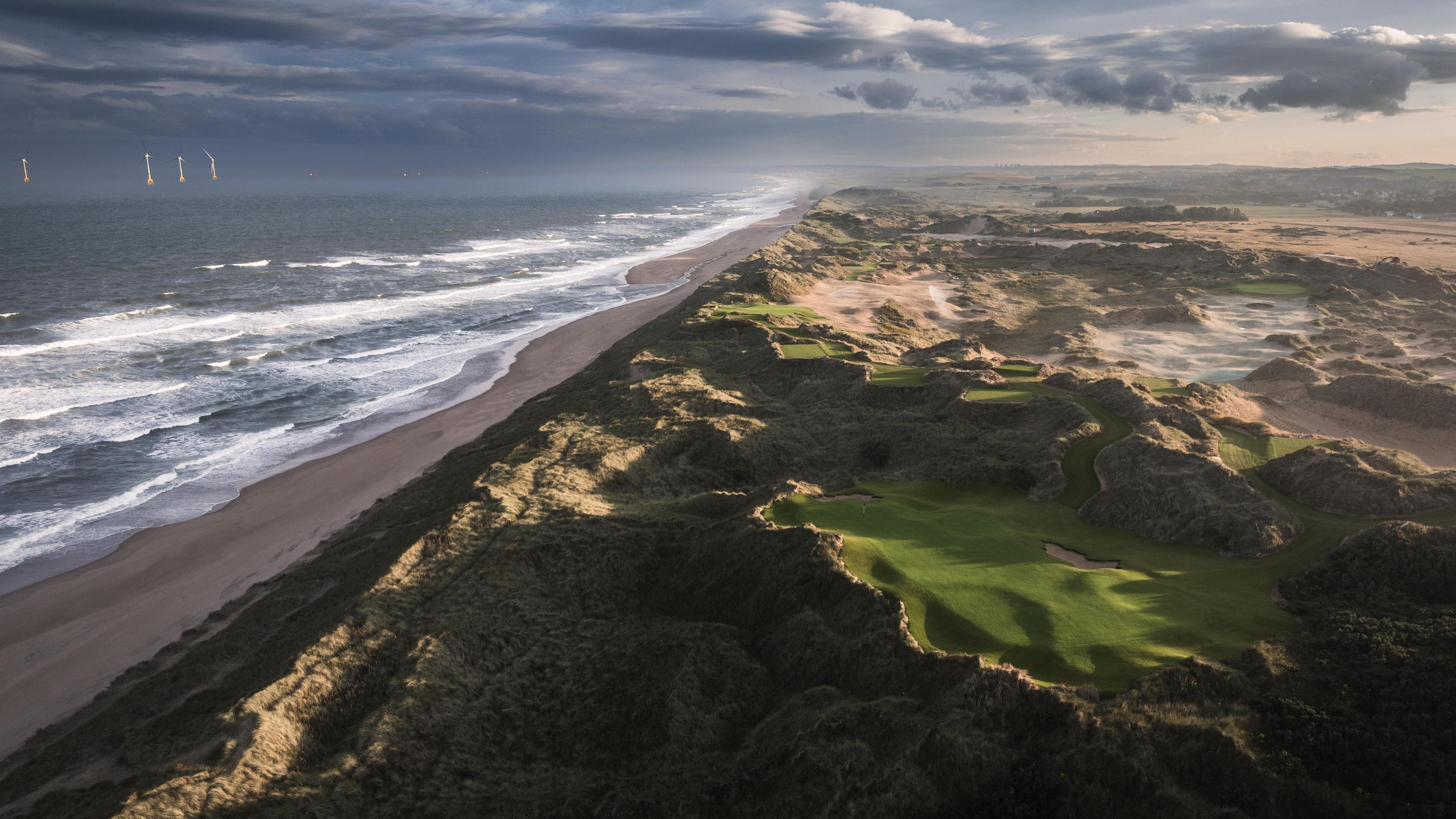 An aerial image of the beach at Trump International in Aberdeenshire