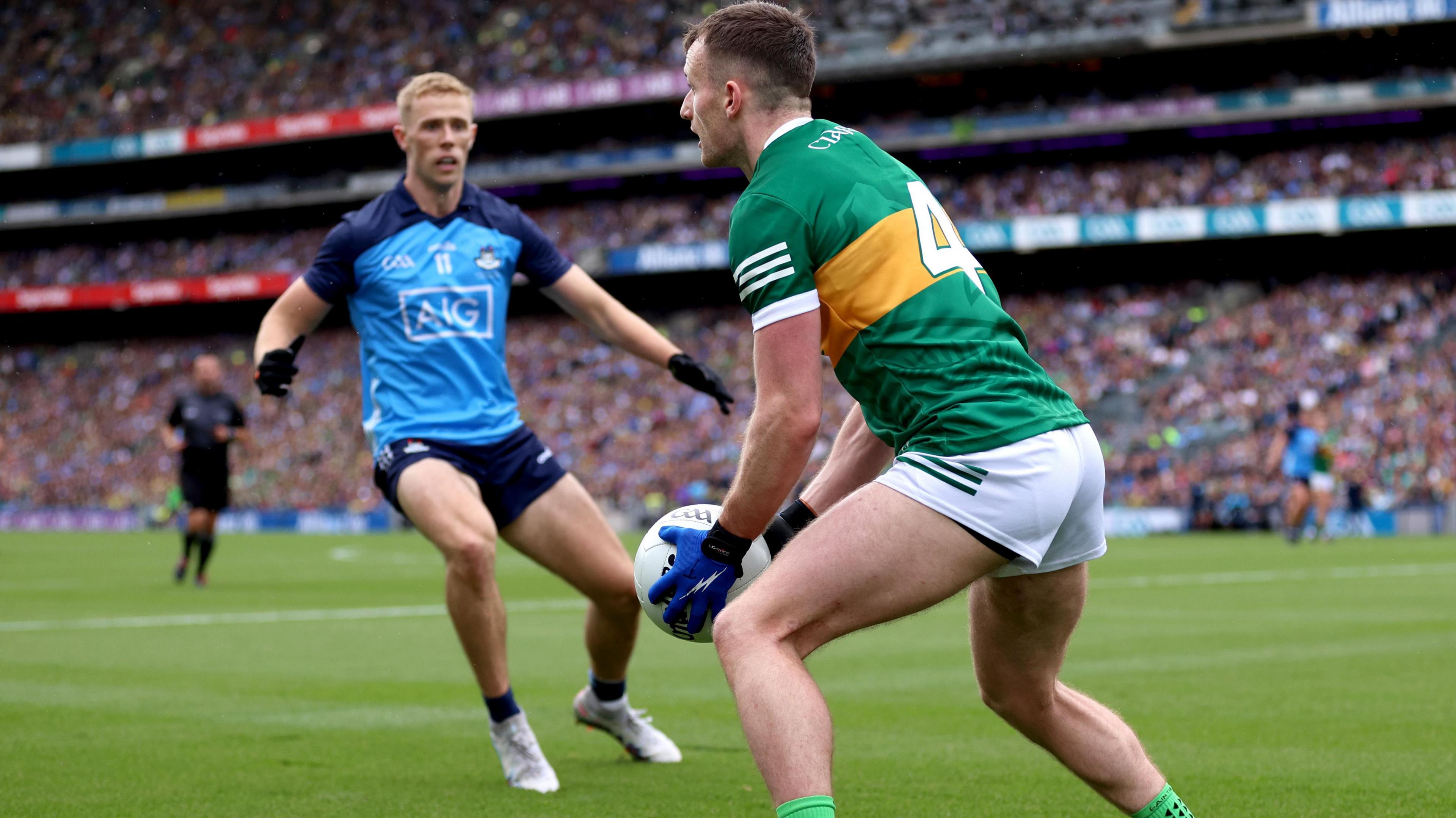 Dublin's Paul Mannion is about to challenge Kerry's Tom O'Sullivan in last year's All-Ireland Football Final at Croke Park