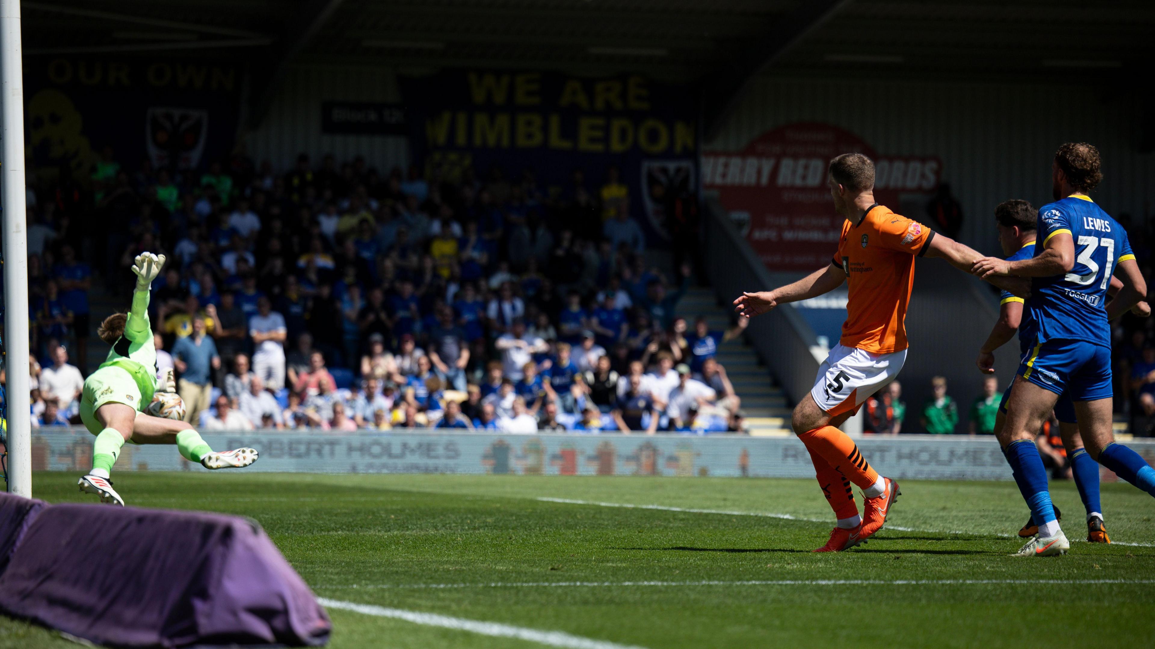 Notts County goalkeeper produces a stunning save to deny Matty Stevens' goalbound header