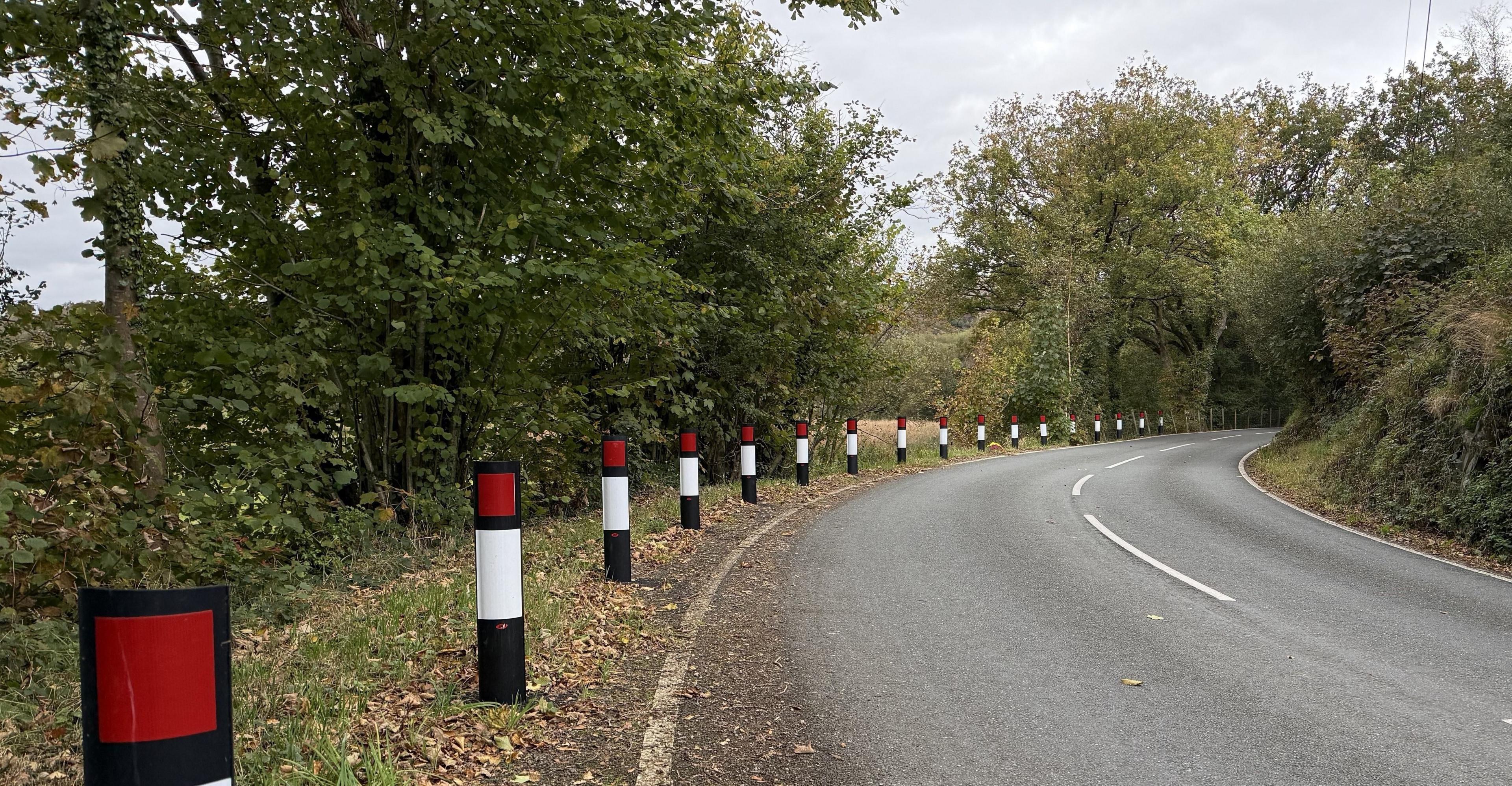 A road surrounded by trees and bushes on either side bends to the right. There are dozens of red white and black bollards on the corner that disappear around the bend