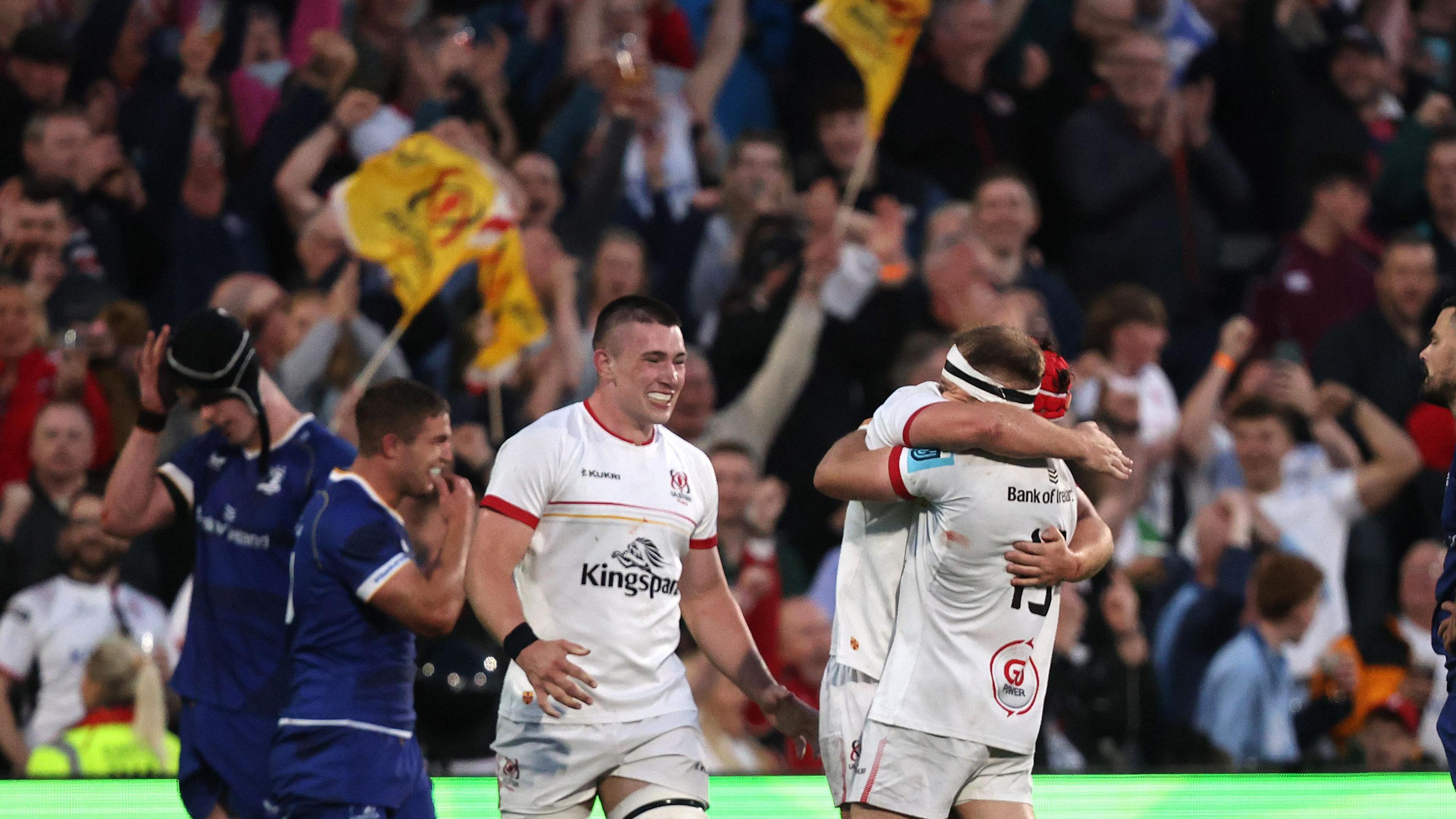 Ulster celebrate scoring a try against Leinster in Belfast