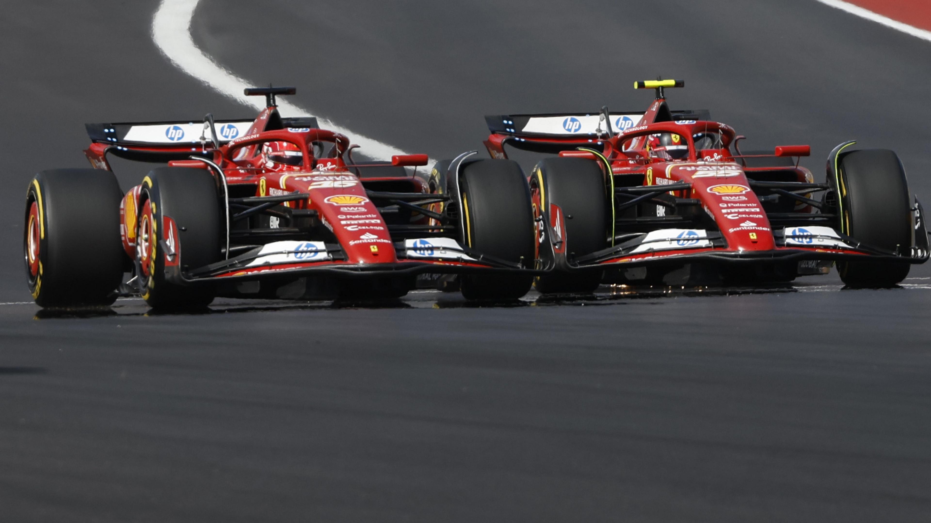 Carlos Sainz and Ferrari team-mate Charles Leclerc race side-by-side during the US Grand Prix sprint