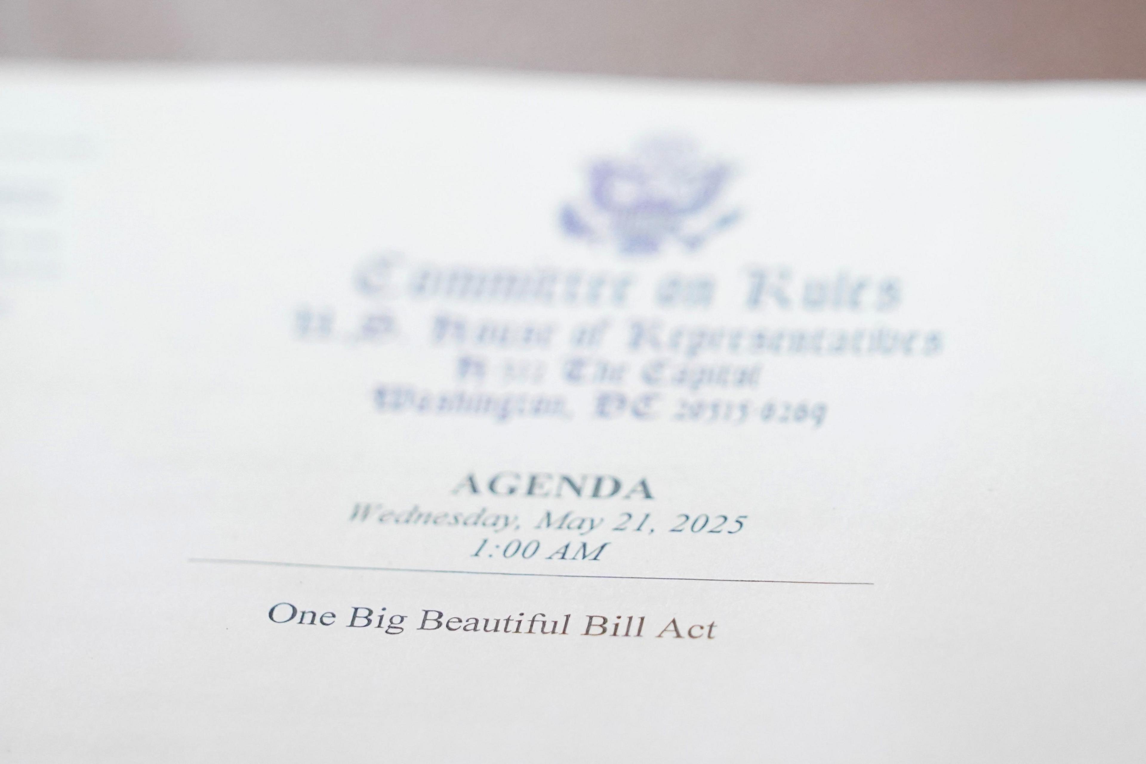 A photo of a copy of an agenda of a meeting at 01:00 on Wednesday with the title "One Big Beautiful Bill Act"