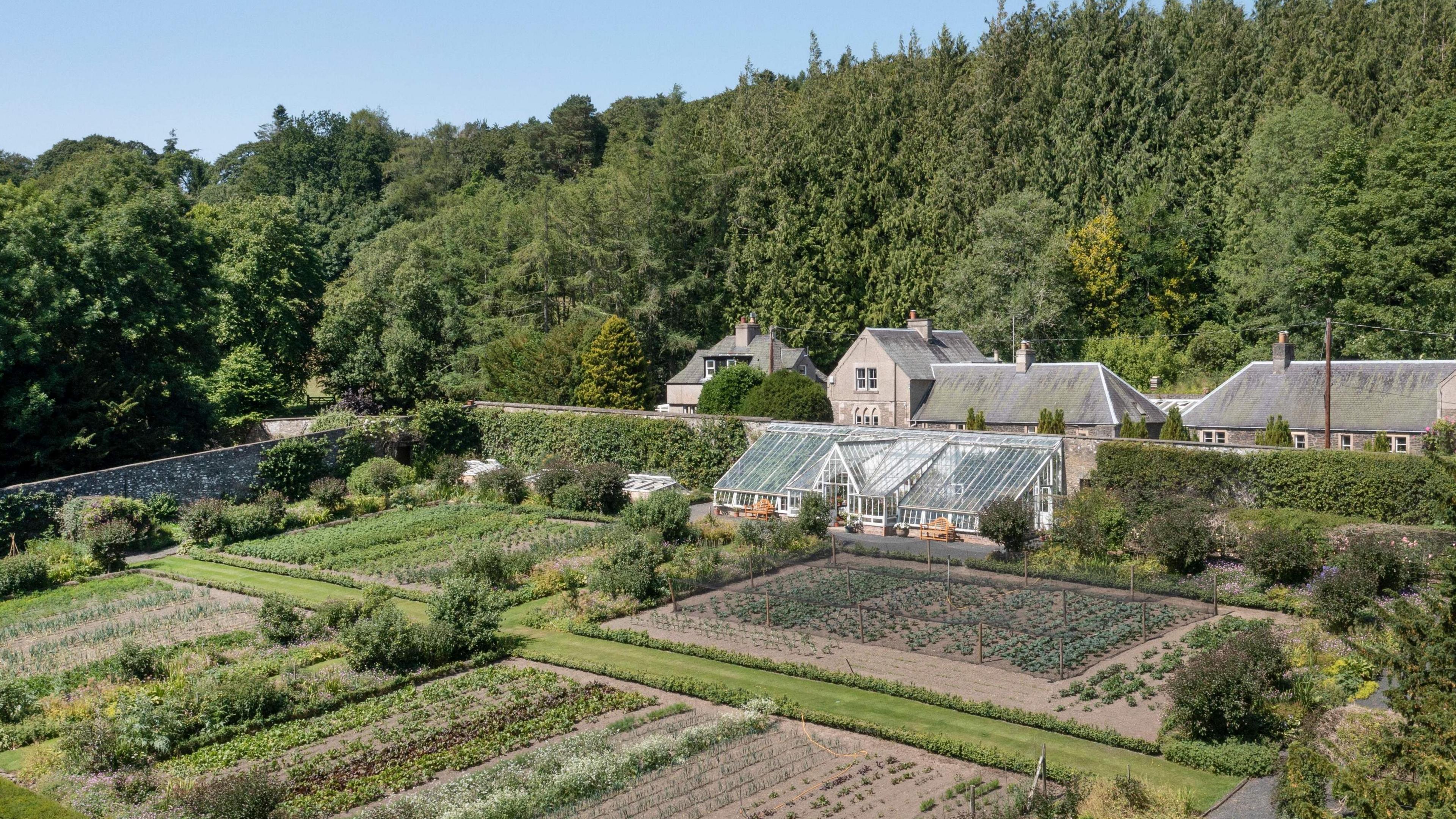 A walled garden with a glasshouse built into the perimeter. Behind the wall is a collection of 20th century buildings.