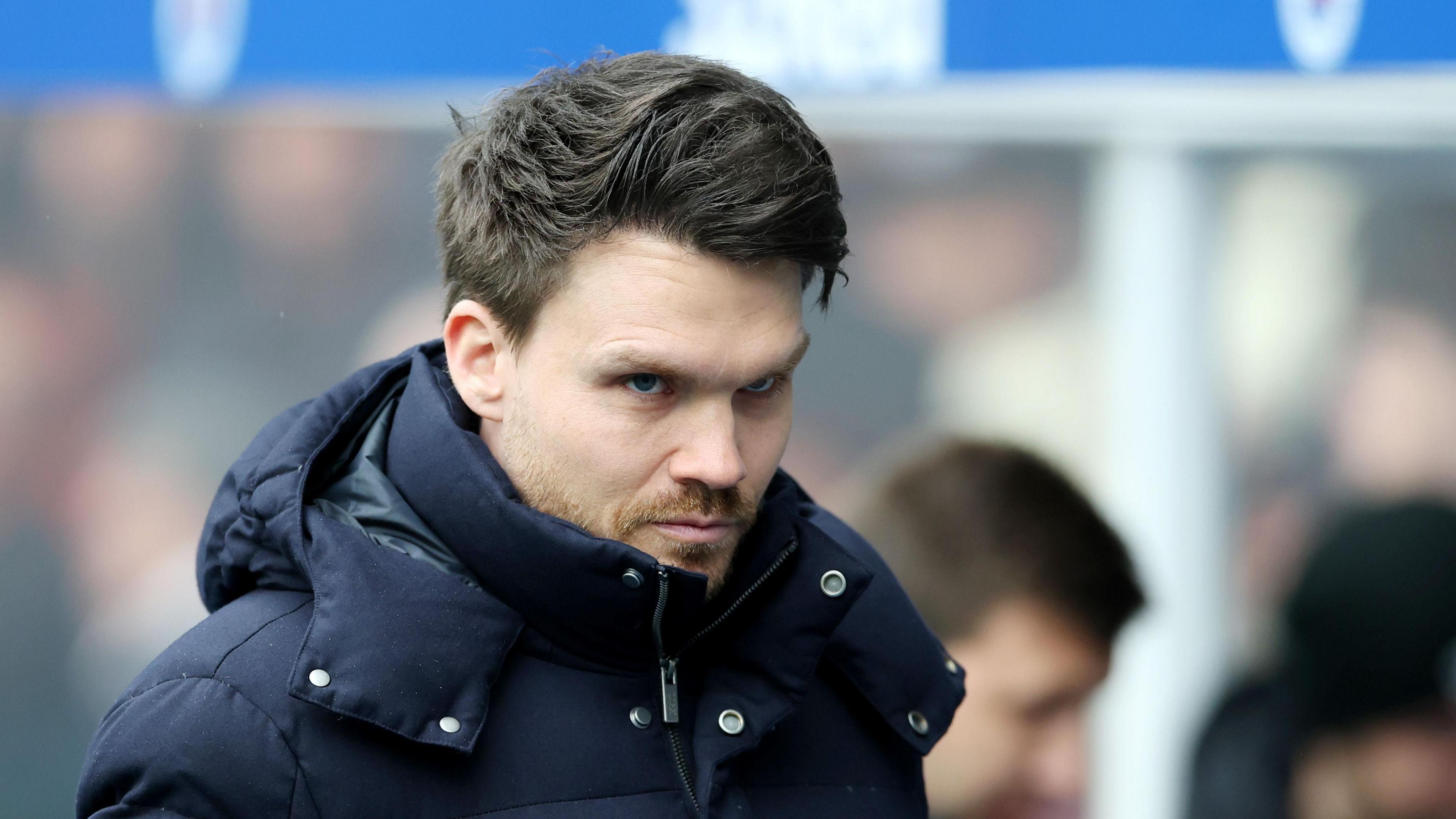 Danny Rohl watches on during a Scottish Premiership match at Ibrox