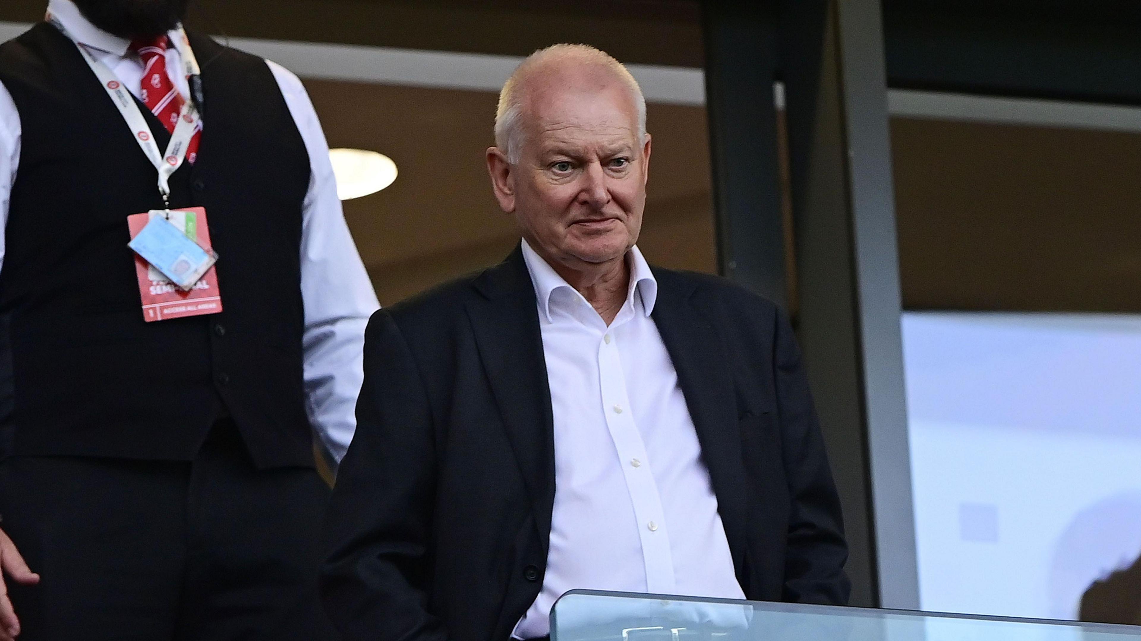 Steve Lansdown watching Bristol City's first leg semi-final play-off against Sheffield United from the stands at Ashton Gate