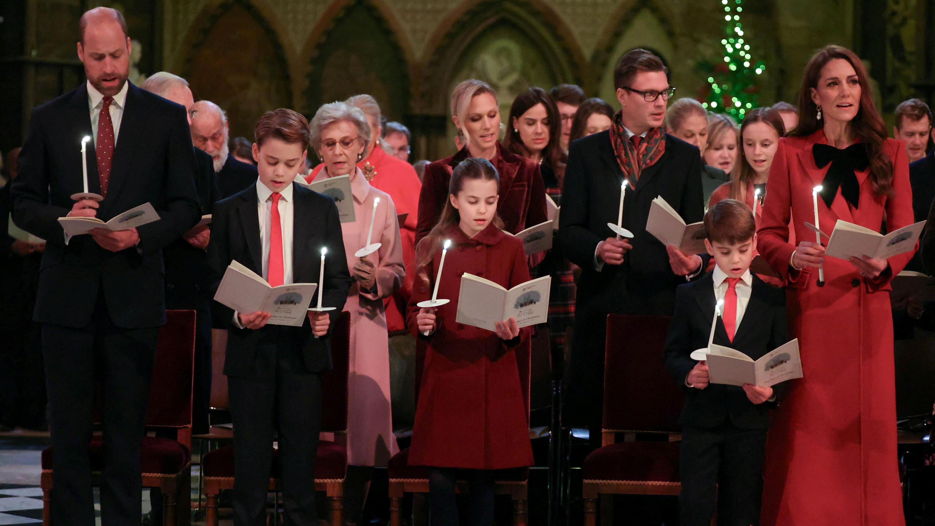 William, Prince of Wales, Prince George, Princess Charlotte, Prince Louis, and Catherine, Princess of Wales, attend the Together At Christmas carol service at Westminster Abbey in London, Britain, December 6, 2024