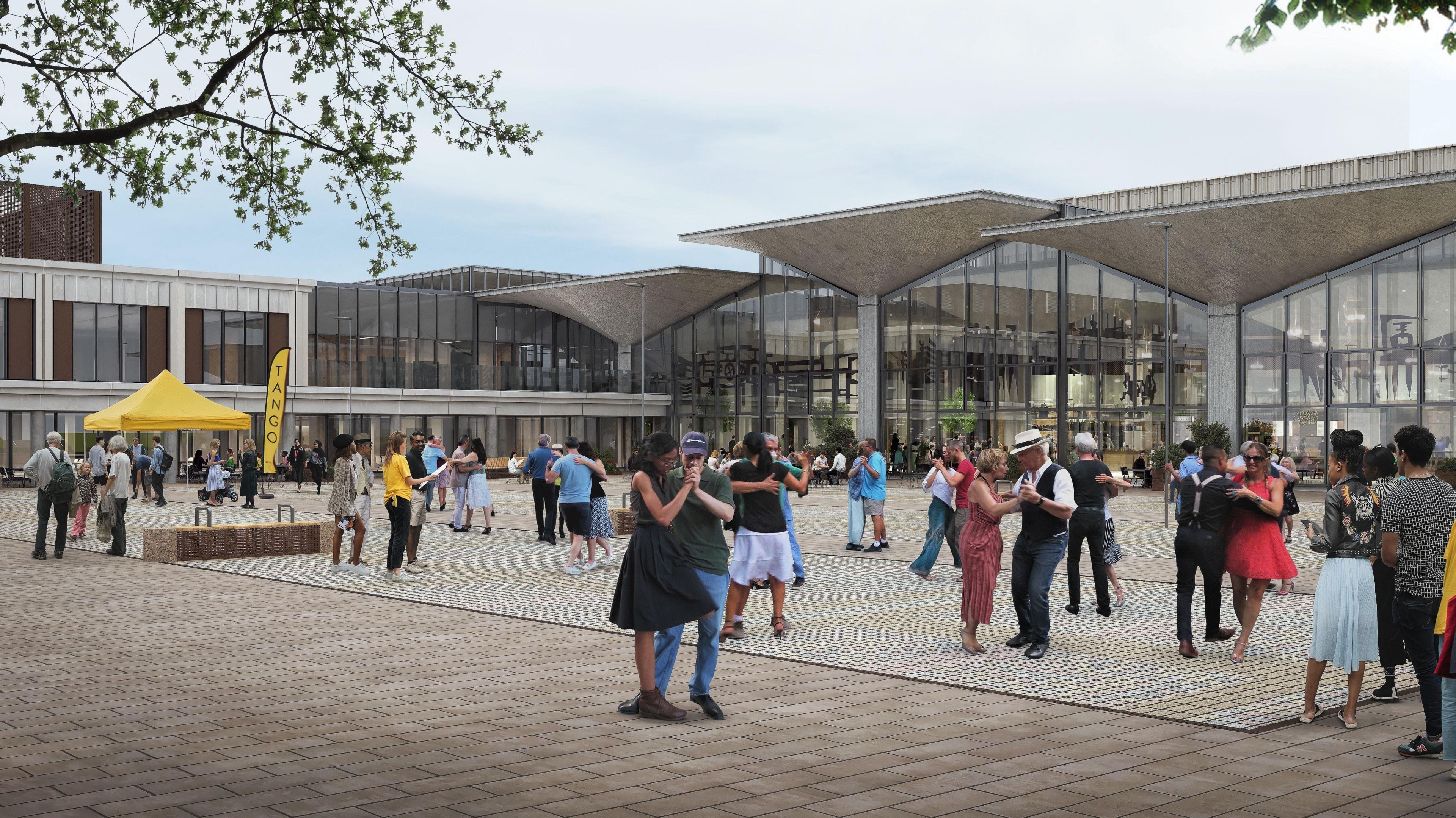 An artist's impression of the area outside Queensgate market. The market building can be seen in the background. In the foreground is a public square, where people are dancing. There is a yellow gazebo to the far left.
