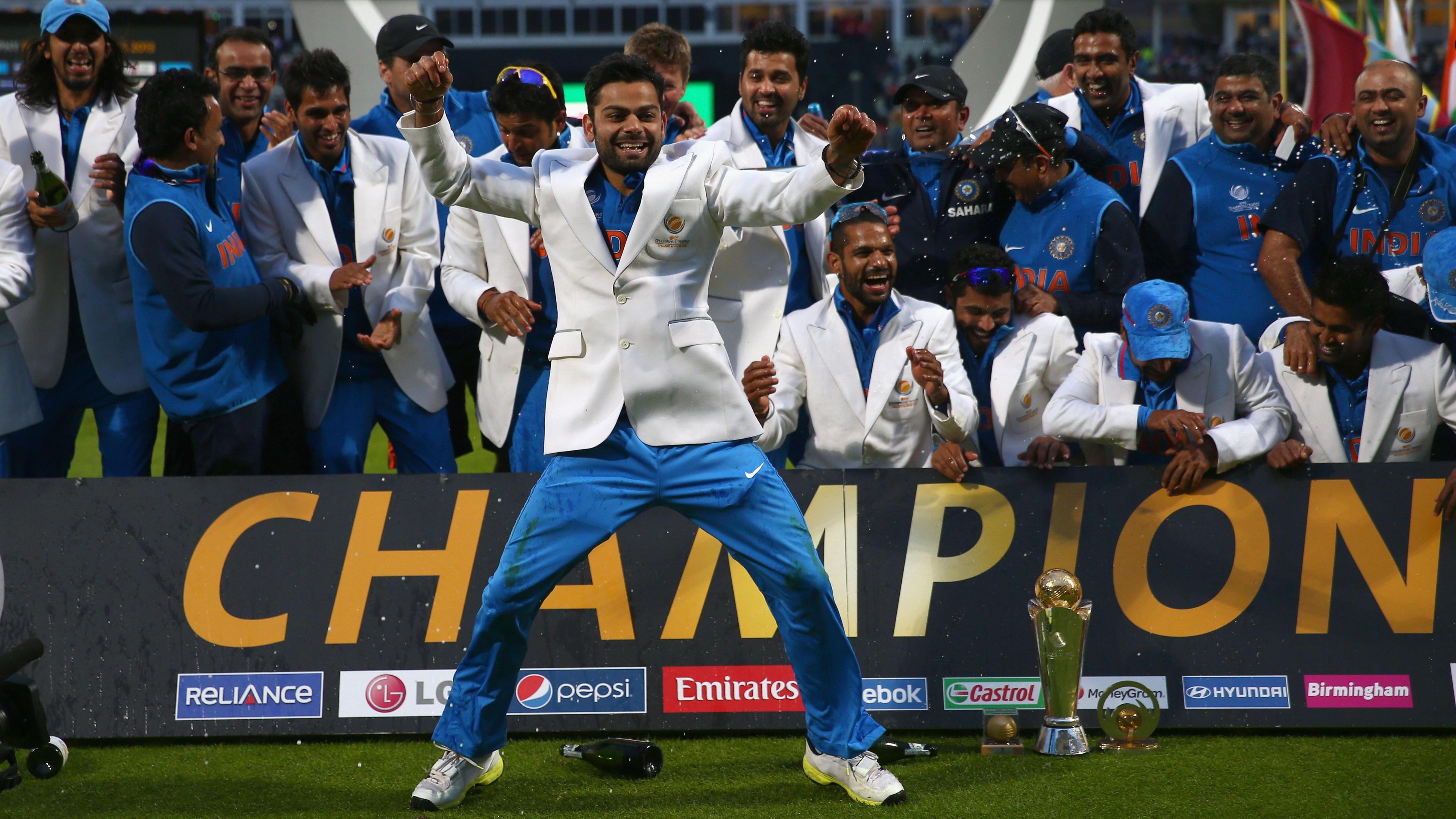 Virat Kohli dancing in front of his teammates after winning the 2013 ICC Champions Trophy