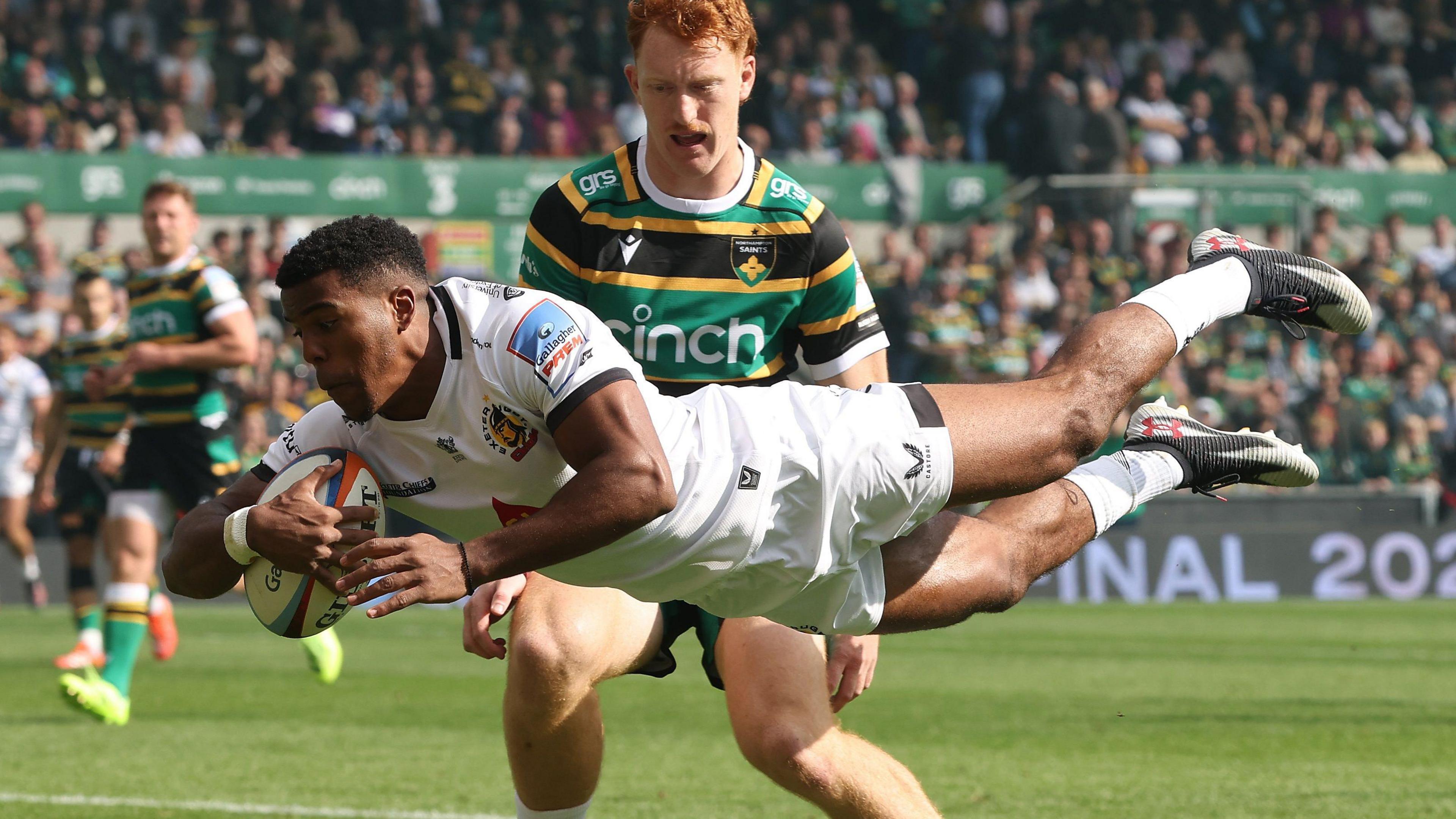 Immanuel Feyi-Waboso scores one of his two tries as Exeter drew 33-33 with Northampton on the opening weekend of the season back in September