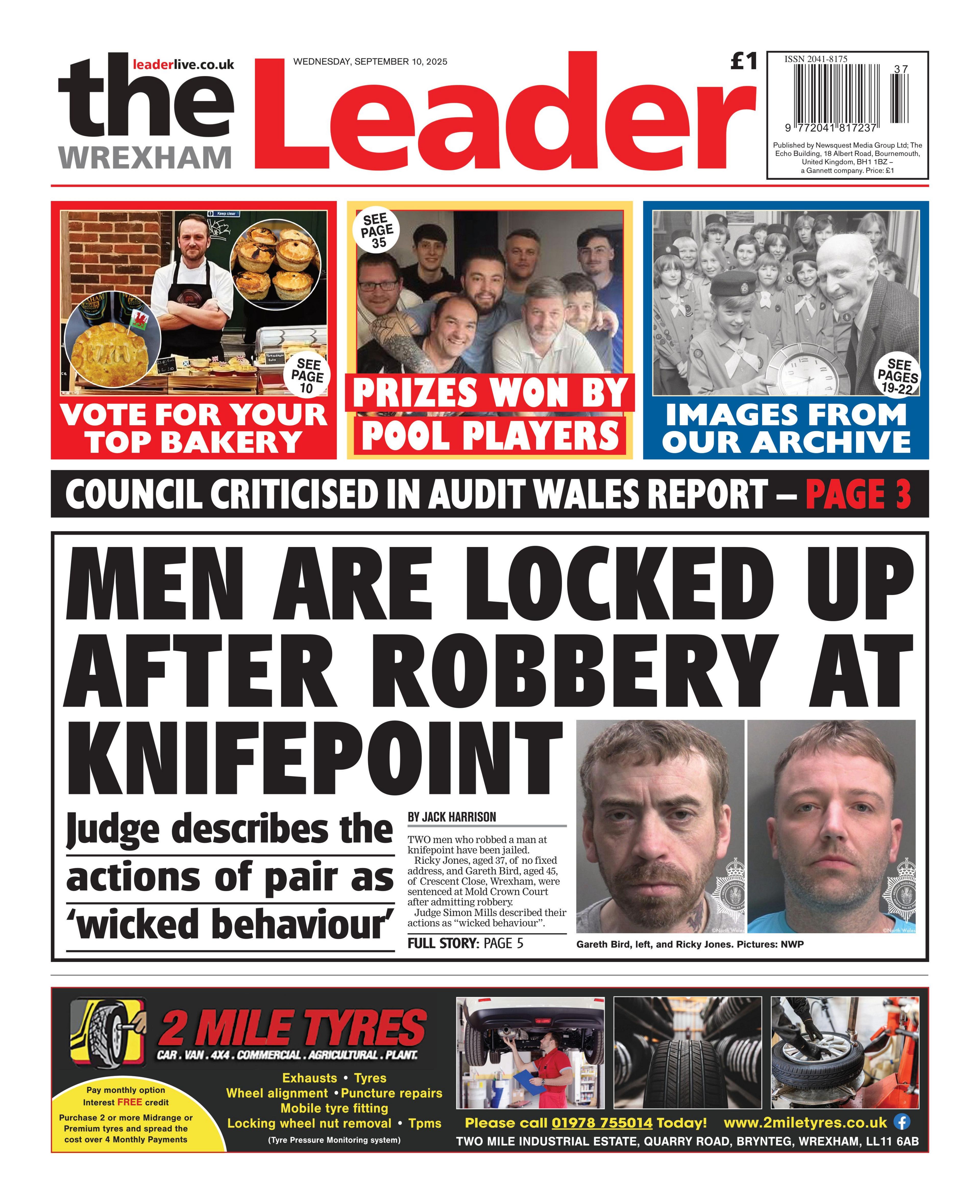 Main headline: Men are locked up after robbery at knifepoint; Judge describes the actions of pair as 'wicked behaviour'. Next to photos of two men posing for their police mugshots.