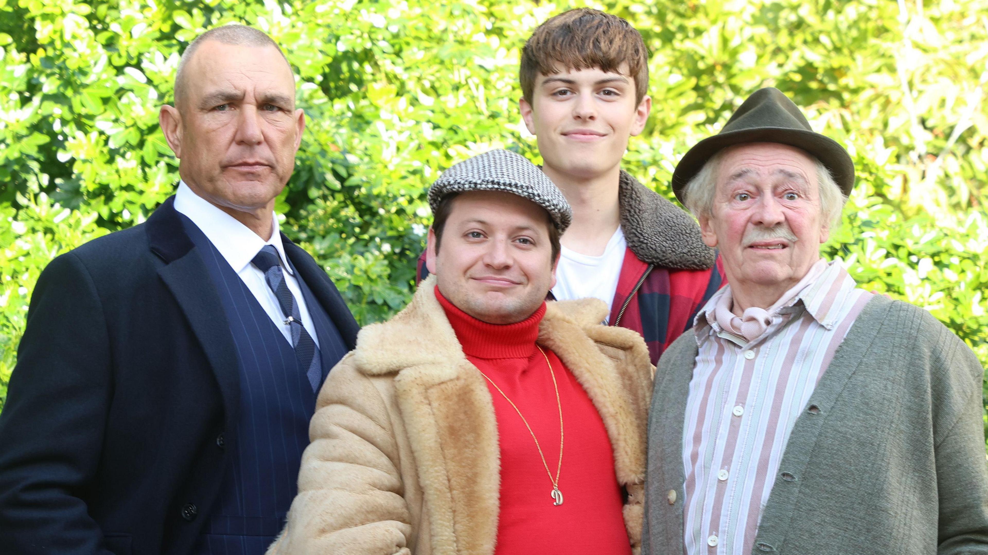 Vinnie Jones, Sam Lupton, Tom Major and Paul Whitehouse in costume as there characters in the stage show, Only Fools and Horses.