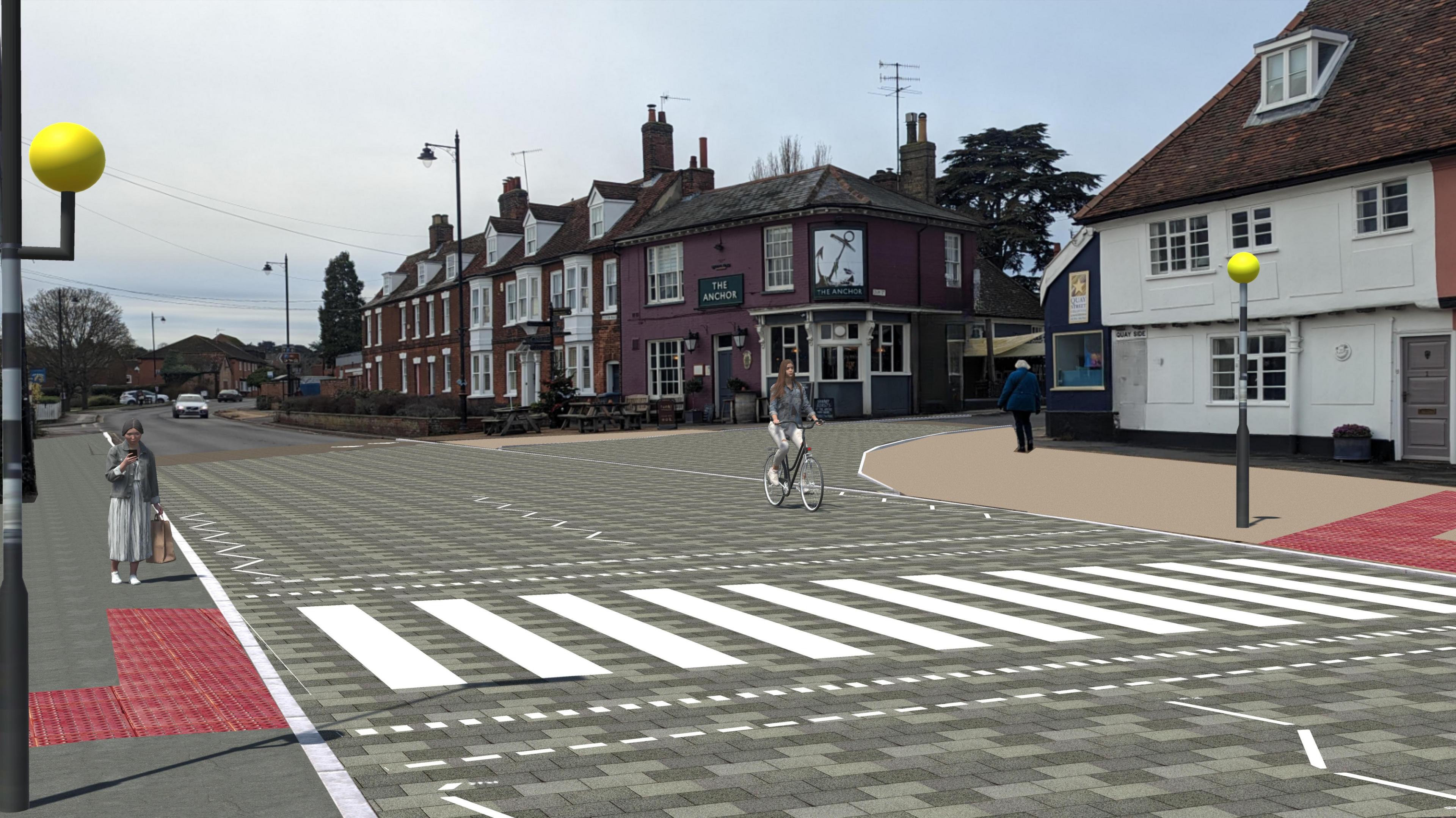 A CGI image of what Station Road in Woodbridge could look live following the active travel plan. An improved pedestrian crossing has been drawn up as well as widened pavements.
