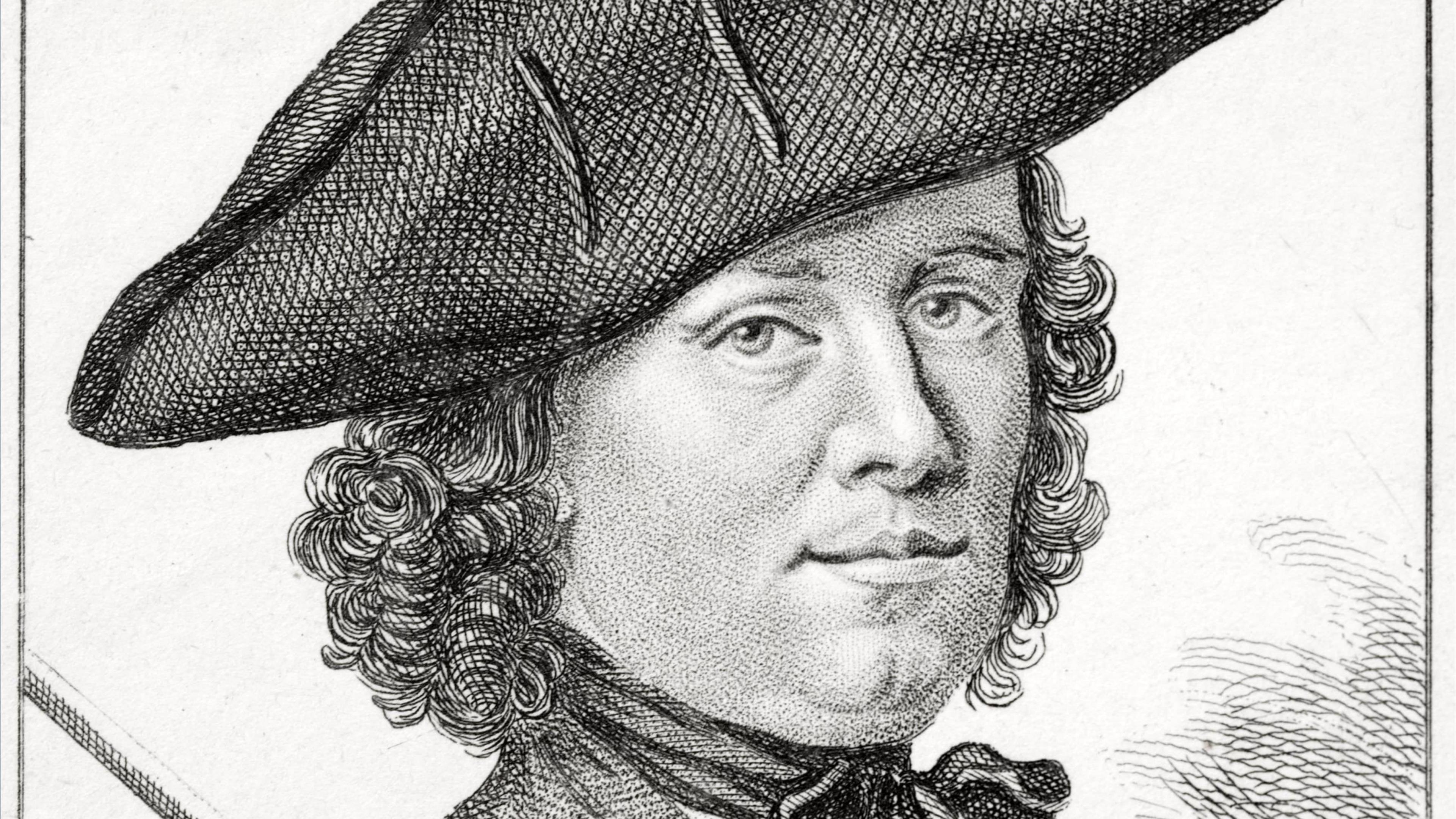 An 18th-century drawing of a woman, disguised as a man, wearing a sailor's hat. She has shoulder-length curly hair.