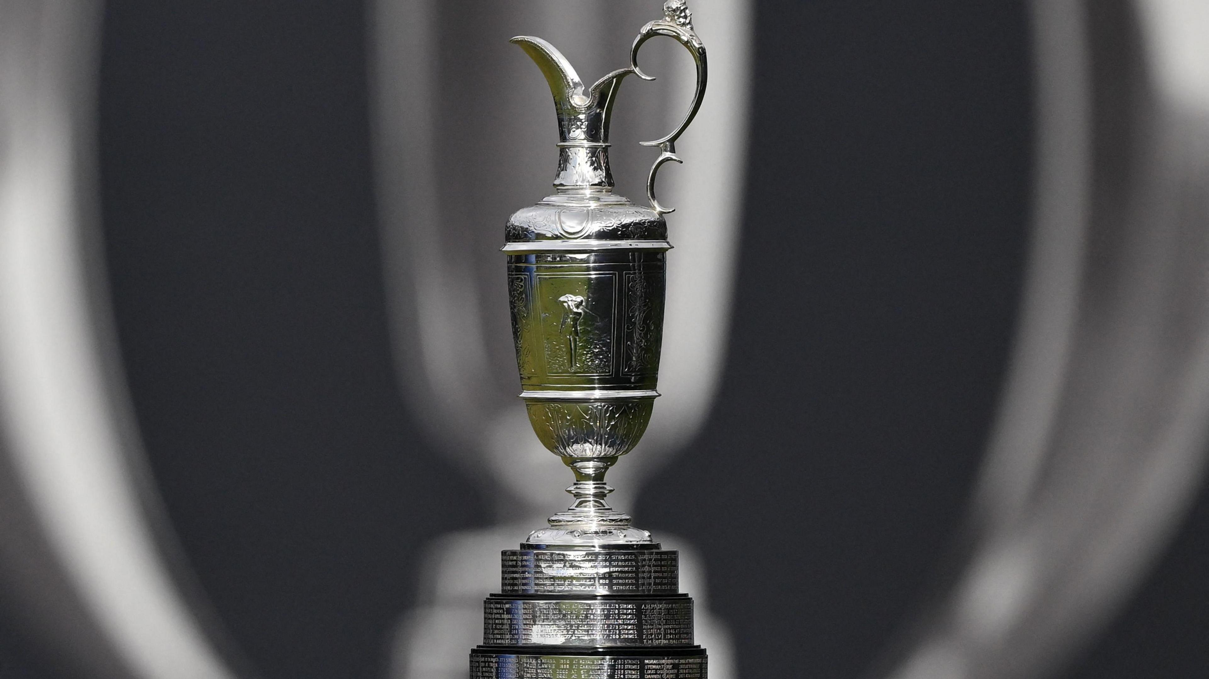 The Open 2025 trophy sits placed on a stand ahead of the start of the tournament. 