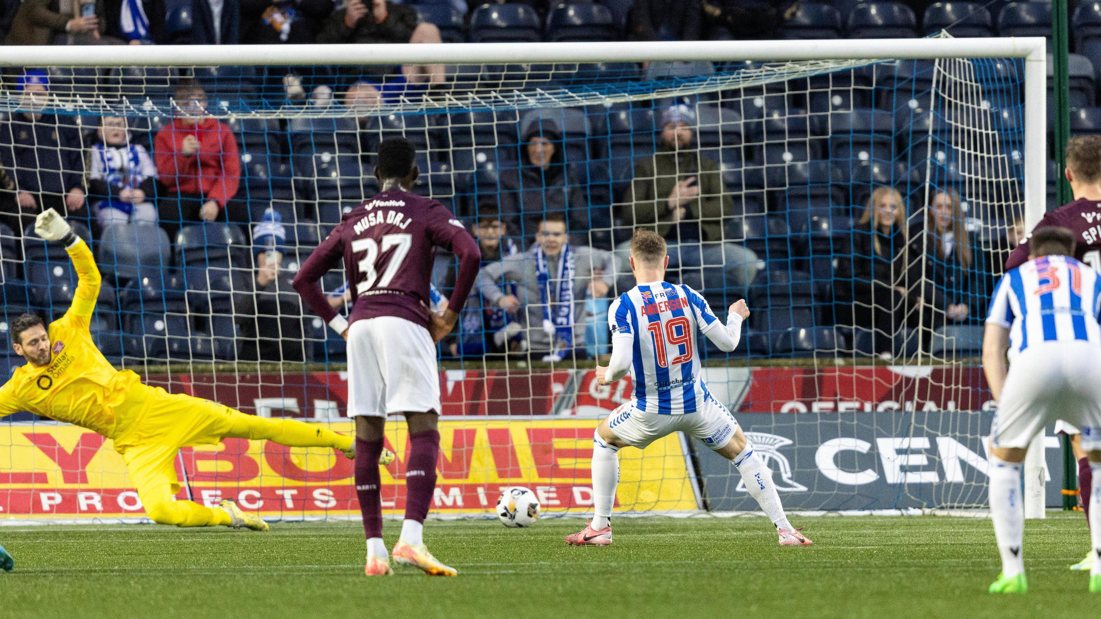 Kilmarnock's Bruce Anderson scores from the penalty spot to make it 1-0  during a William Hill Premiership match between Kilmanock and Heart of Midlothian at Rugby Park