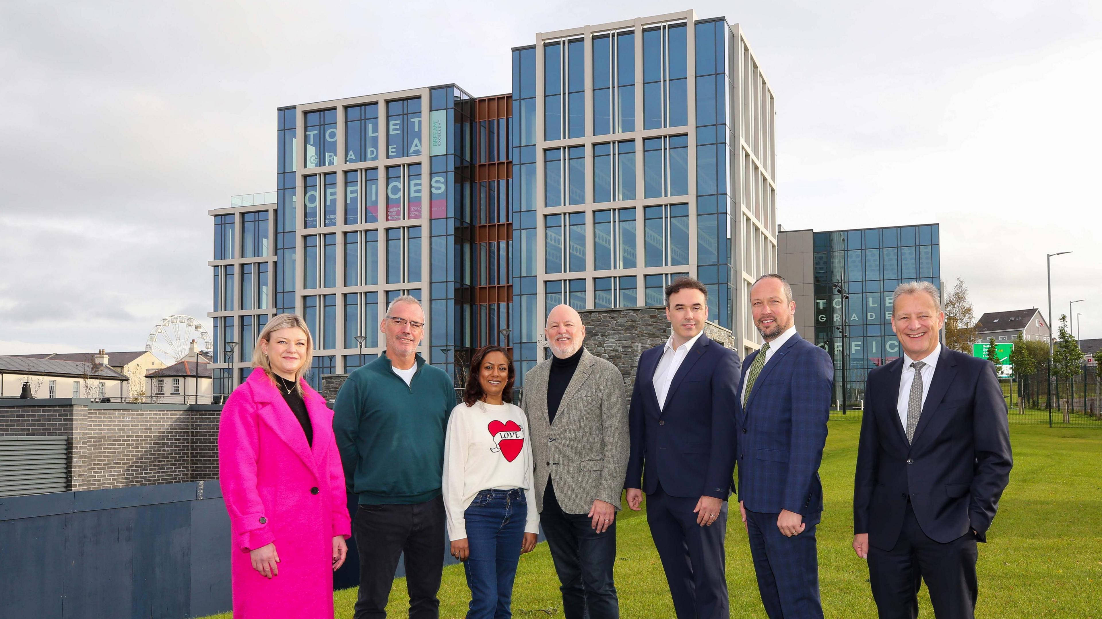 (Left to Right) Erin McFeely, Head of Strategic Initiatives, Alchemy; John Colwell, Chief Financial Officer, Alchemy; Mimi Munchetty, Senior Delivery Director, Alchemy; John Harkin, Chief Executive Alchemy; Damian O’Callaghan, Group Managing Director, Heron Property Ltd; Paul Mulholland, Head of Property, Heron Property Ltd; Jeremy Fitch, Executive Director of Business Growth, InvestNI