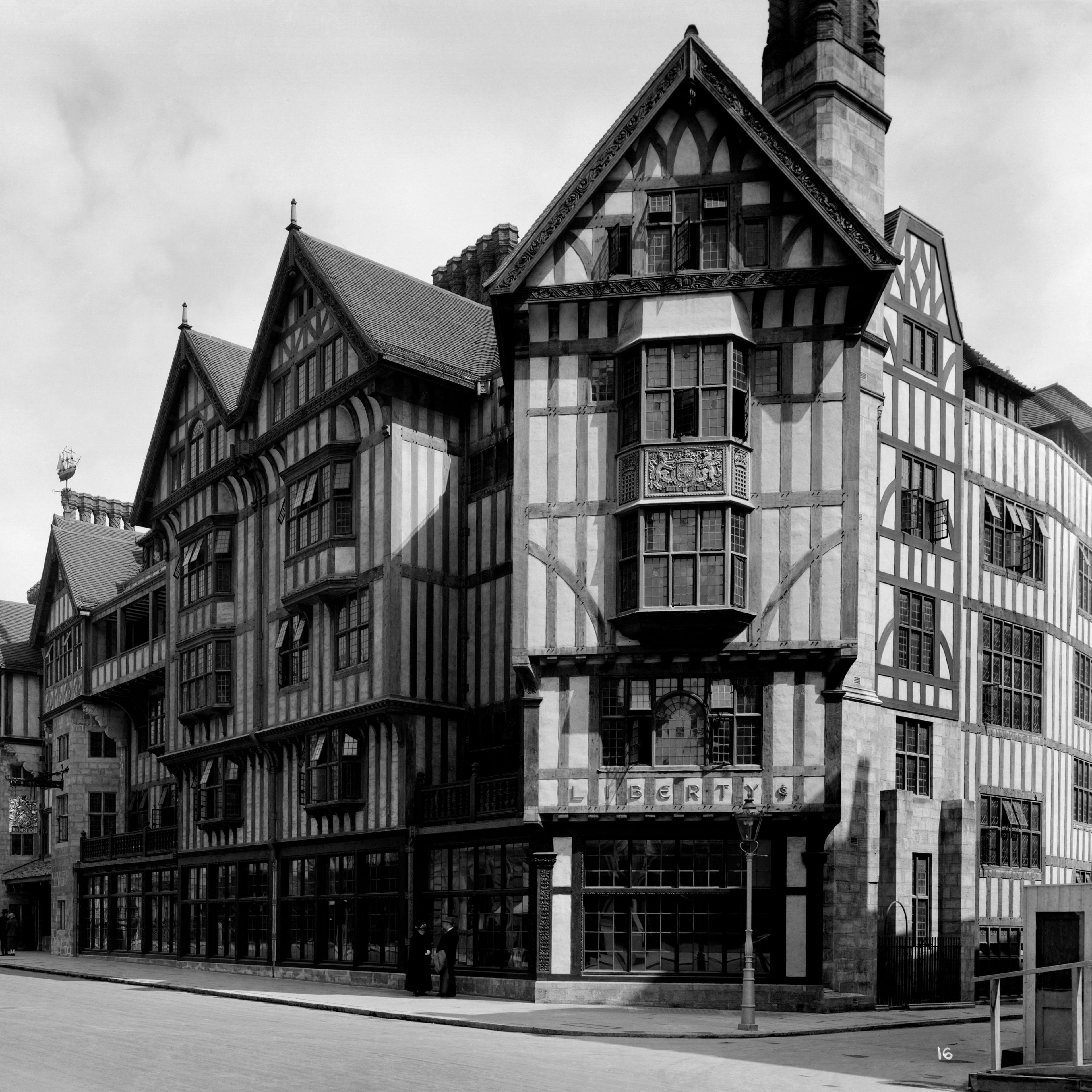 Exterior view showing the Great Marlborough Street facade of Liberty's newly completed Arts and Crafts Tudor style department store.