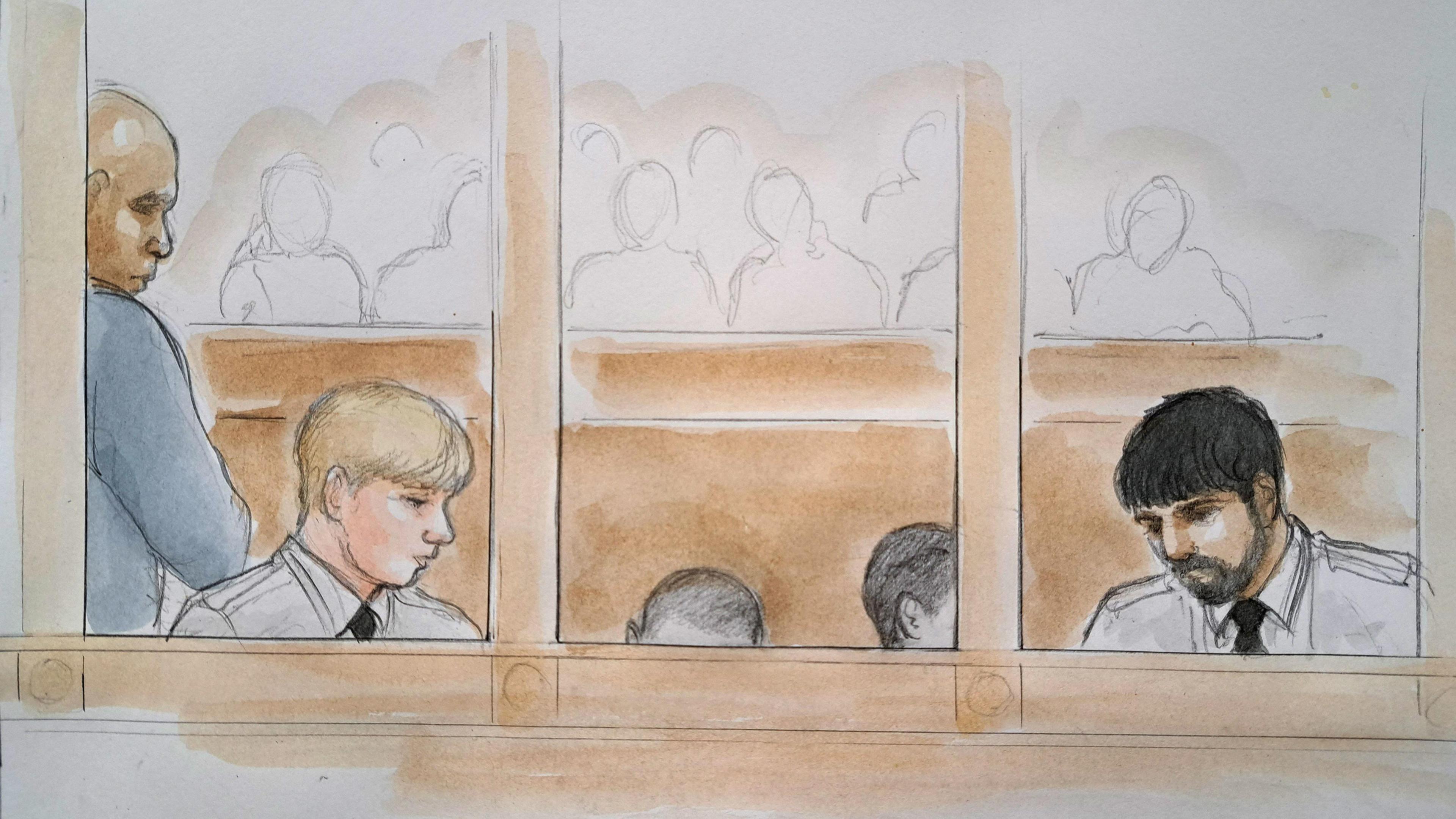 A courtroom sketch showing three men gathered in the dock next to two, anonymous and faceless boys. Outlines of people sitting in court can be seen in the background.