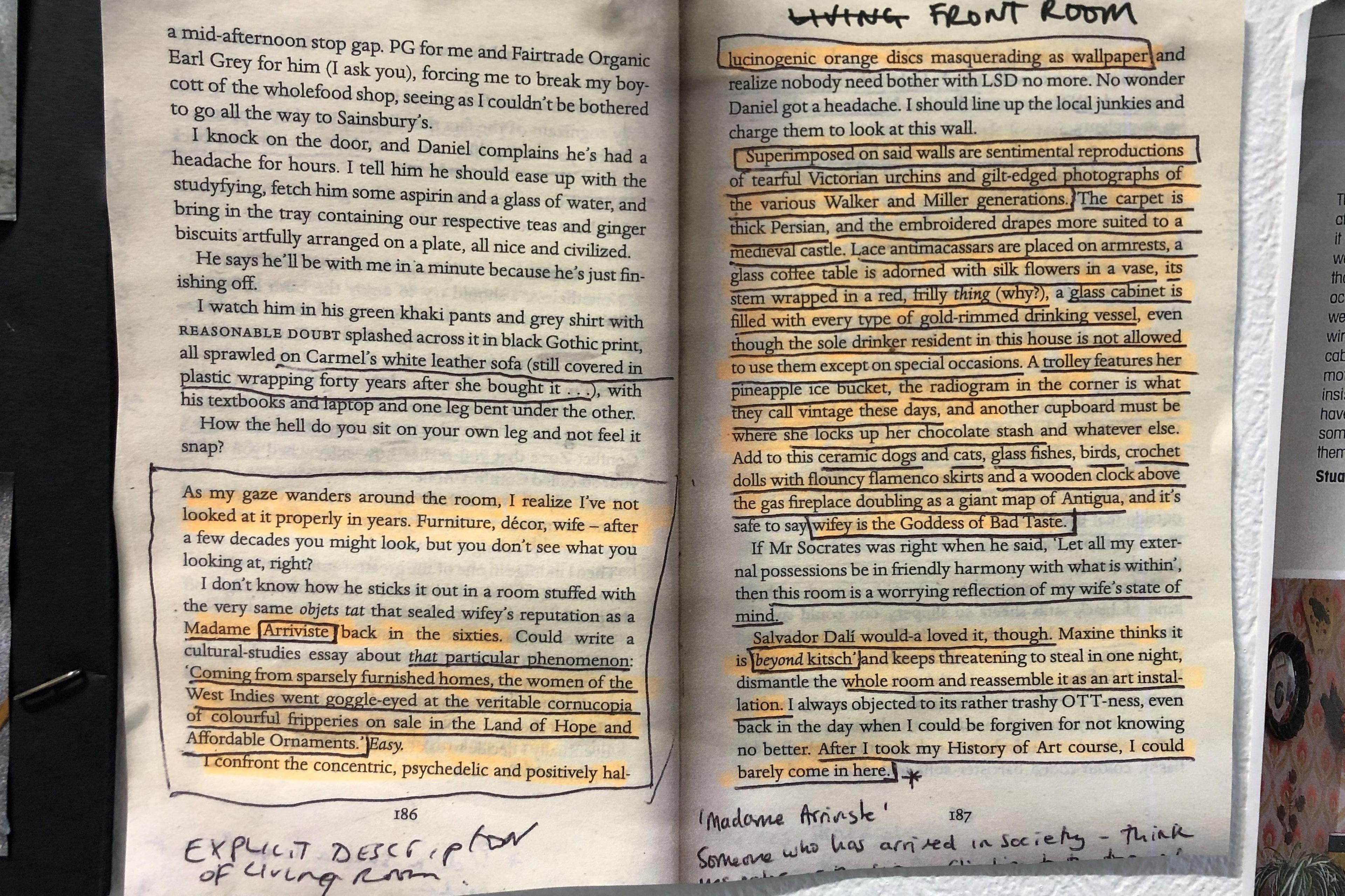 Text from two pages of Mr Loverman with parts highlighted in orange marker and with notes and lines written on the paper