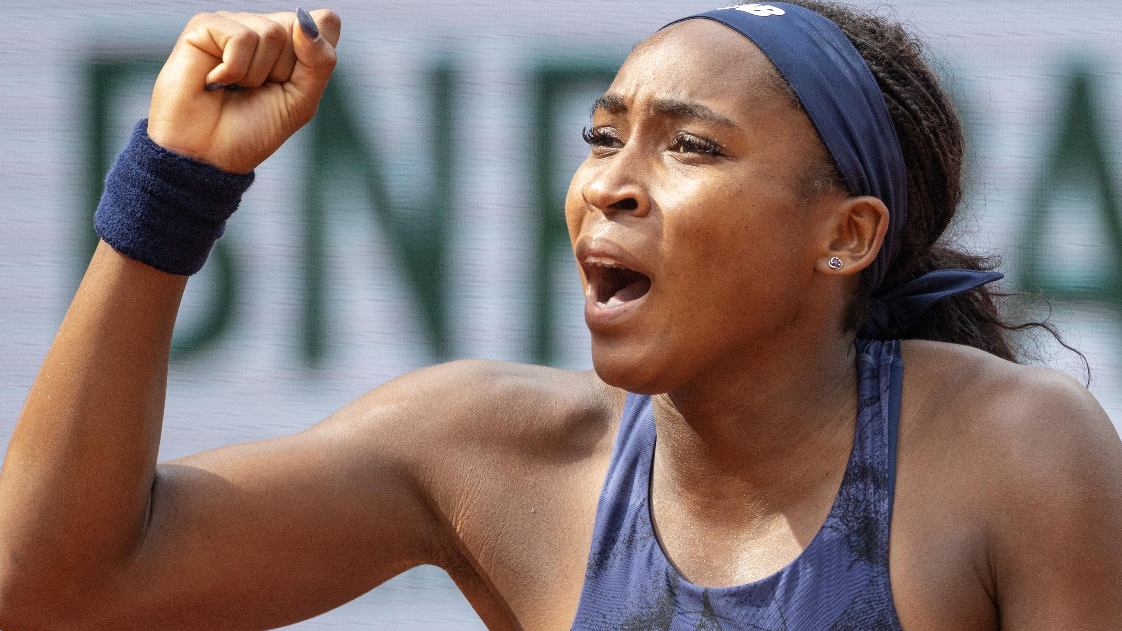 Coco Gauff celebrates victory over Tereza Valentova in the French Open second round