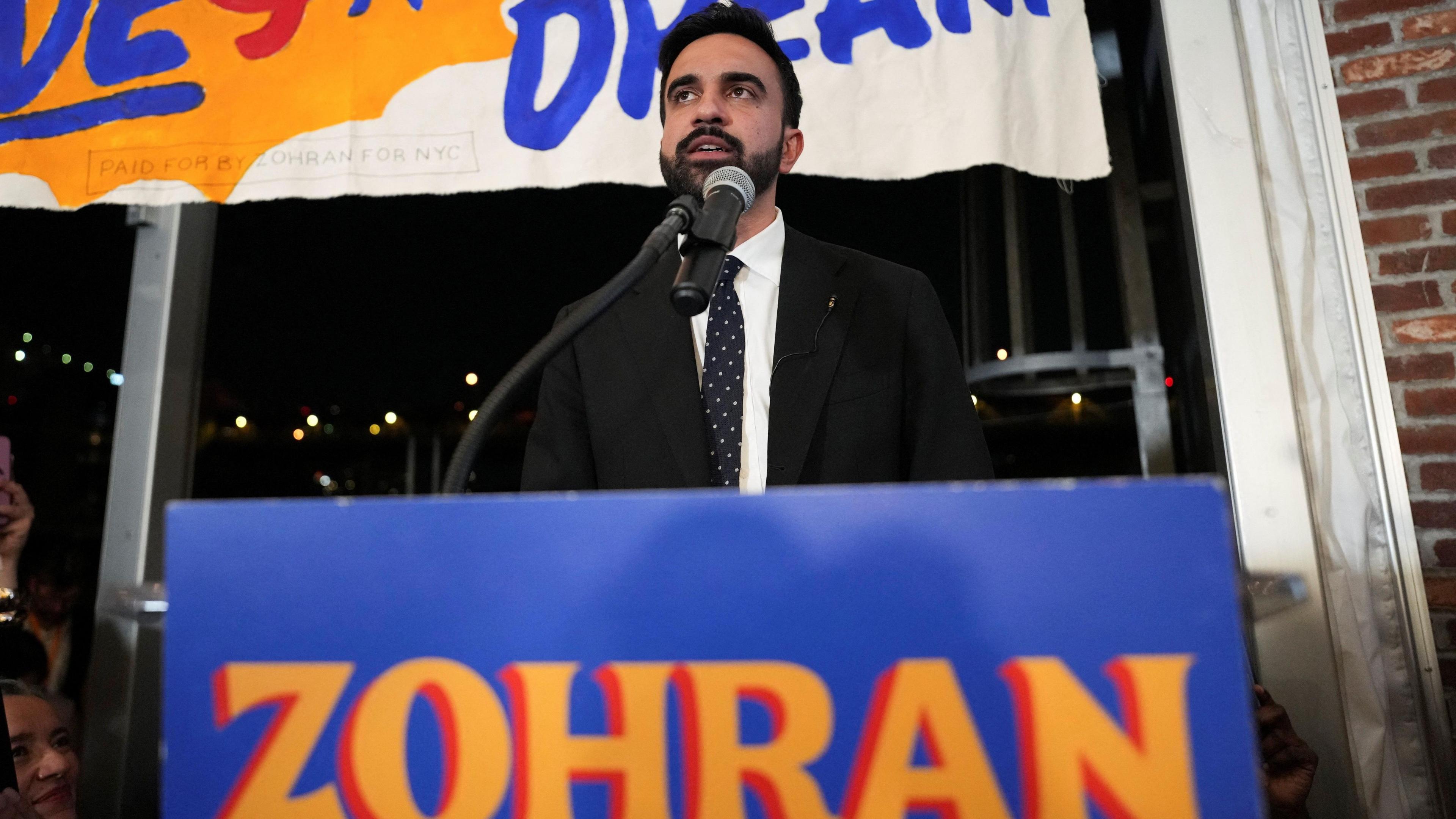 Zohran Mamdani speaks during a watch party for his primary election