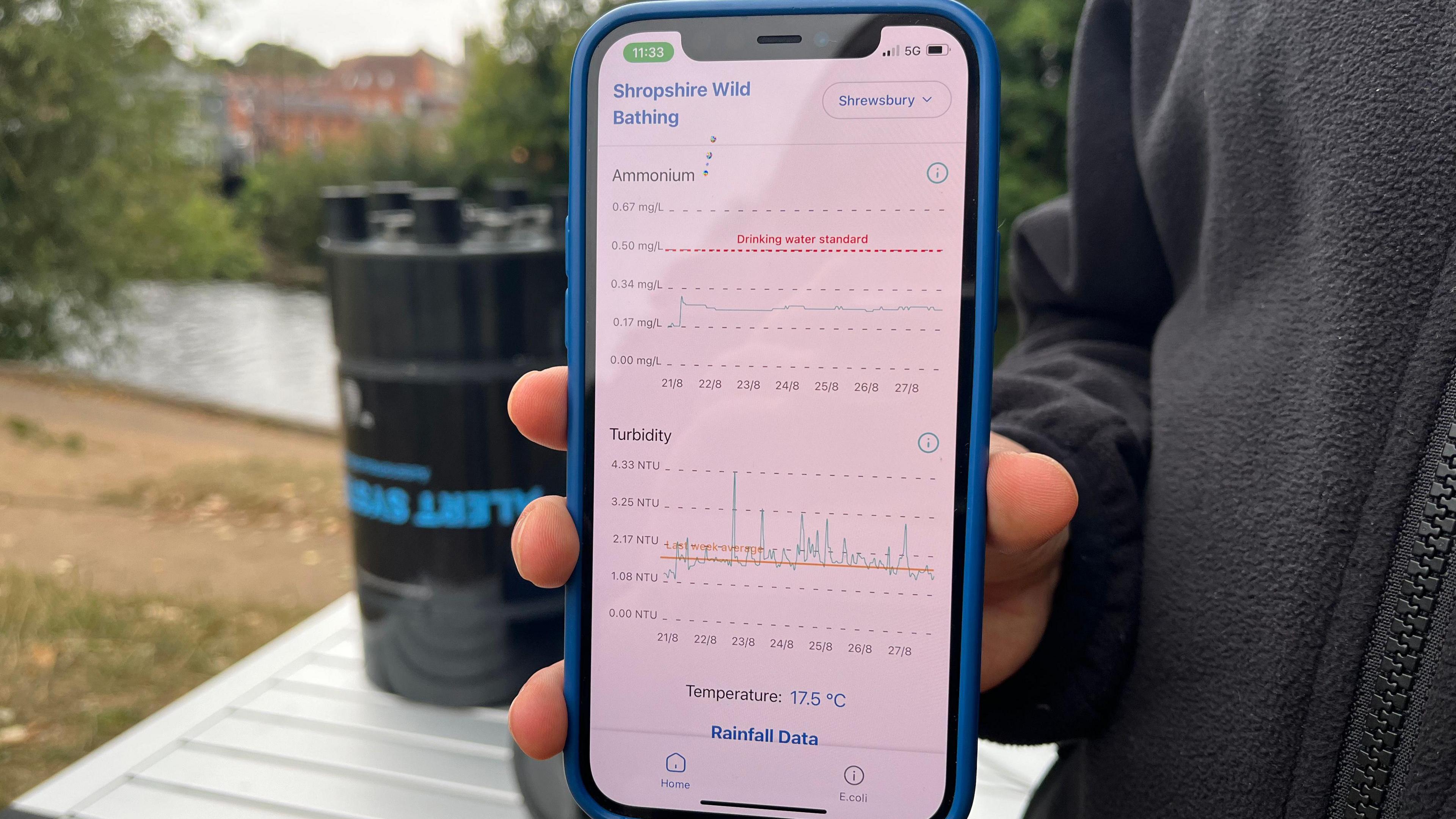 Close up photograph of a smartphone. It's showing a white screen with two graphs, that are captioned 'ammonium' and 'turbidity.' At the top of the screen, in blue letters, is written 'Shropshire Wild Bathing' as well as a drop-down menu that says 'Shrewsbury.' The phone is being held up by a person wearing a black fleece, stood in front of a river.