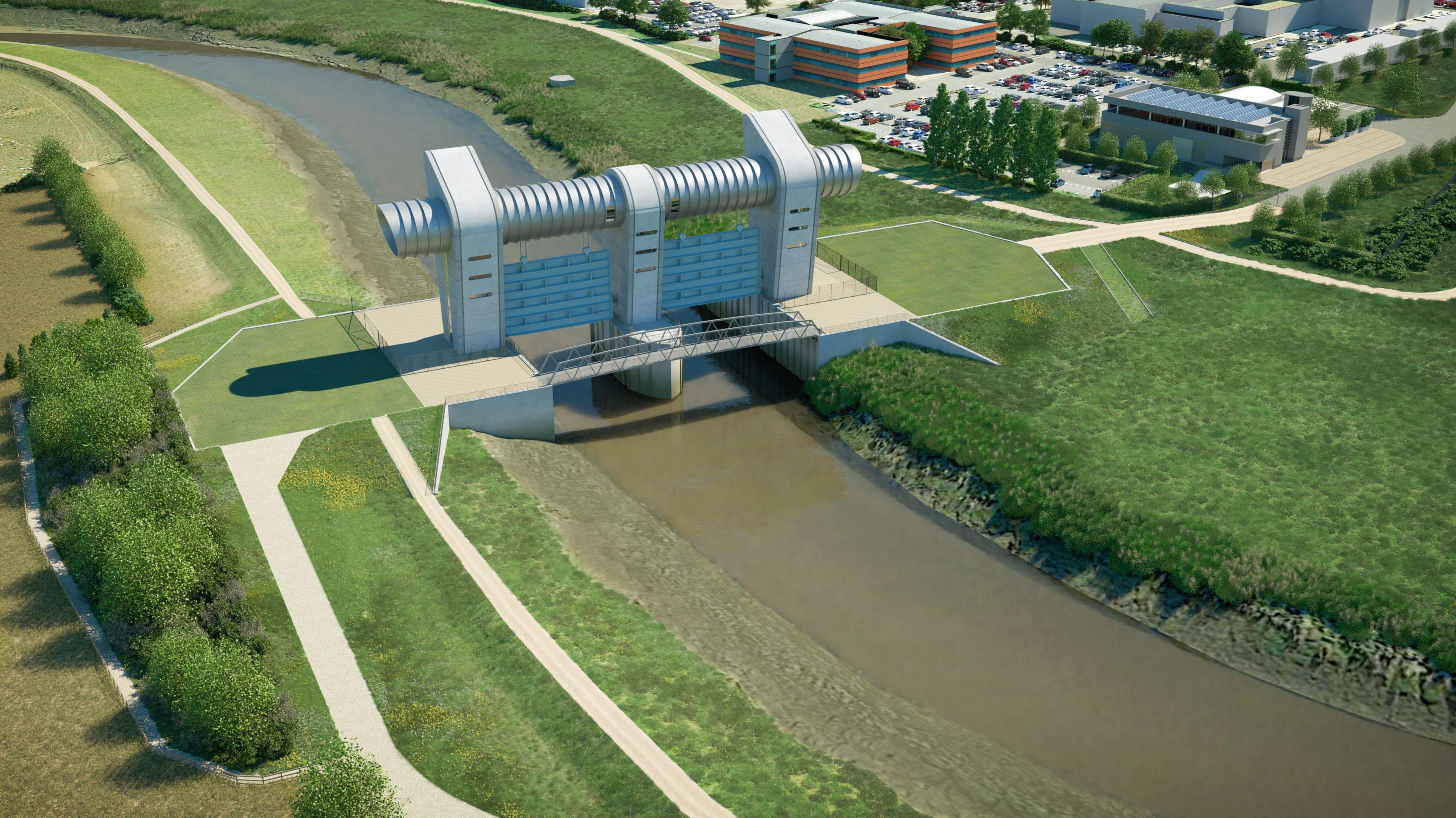 Artist's impression of a large barrier constructed over a river with fields either side